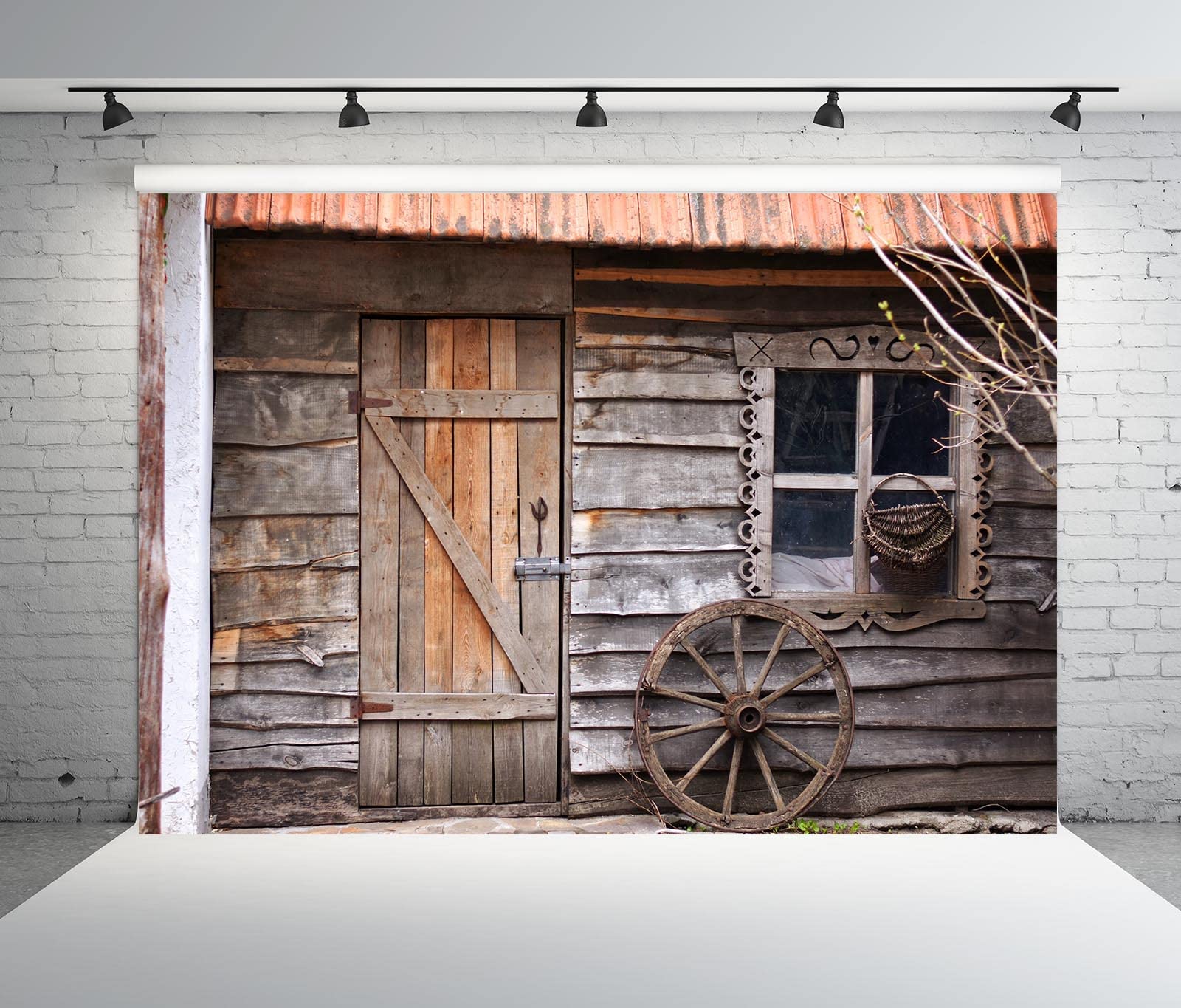 BELECO 6x3m Tessuto Vecchia Capanna Legno Sfondo Rustico Fienile Porta Finestra Legno Ruota Tema Western Country Cowboys Decorazione Festa Accessori