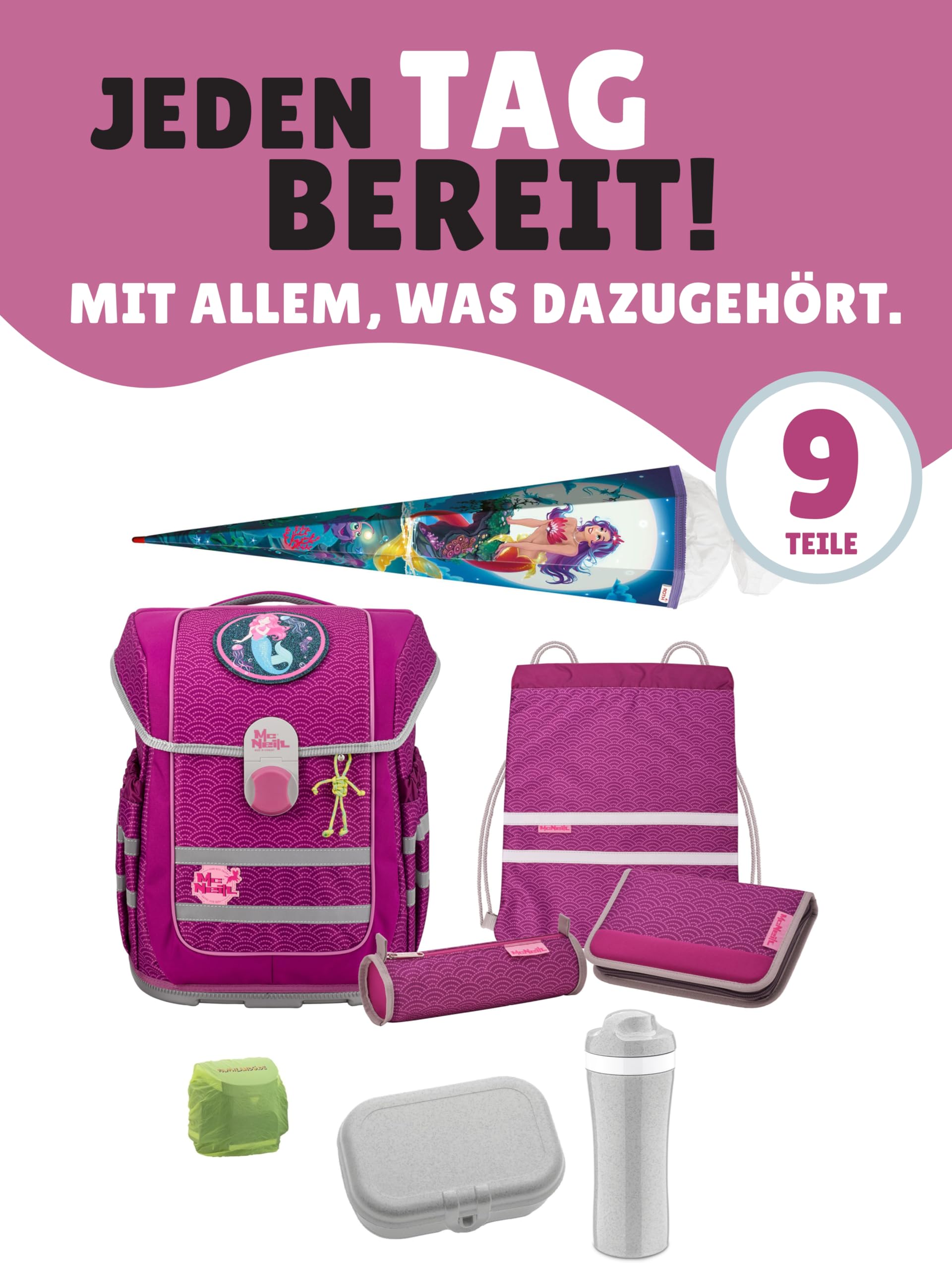Familando - McNeill ERGO COMPLETE Schulranzen Set - 9-teilig mit Schultüte - Meerjungfrau - Ergonomisch & 3-fach verstellbar - 1150g leicht mit 20L Volumen & Reflektoren - aus recyceltem Ocean Plastic