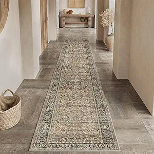2x10 Washable Runner Rug Brown Vintage Distressed Hallway Kitchen Non Slip Low Pile Area Rug Living Room Bedroom Throw Rug Soft Indoor Carpet for Entrance Laundry Dining Room Bathroom