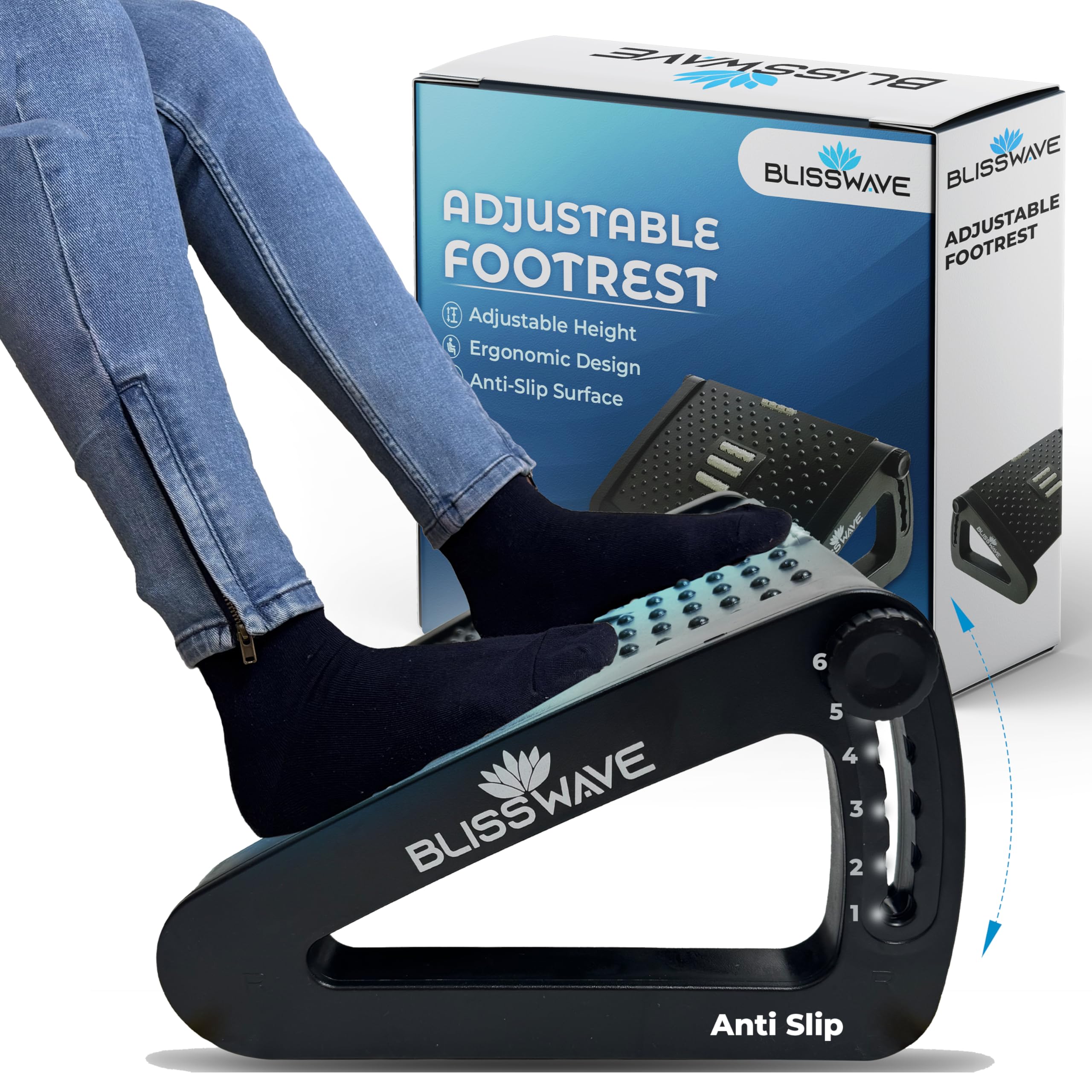 BLISSWAVE Adjustable Foot Rest for Office Chair with Acupressure Points and Roller | Ergonomic Footrest for Office Desk with 6 Heights | Foot Rest Under Table | Foot Stool for Home, Office Table, and Sofa (Blisswave, Unbreakable, Non-Slip Legs)