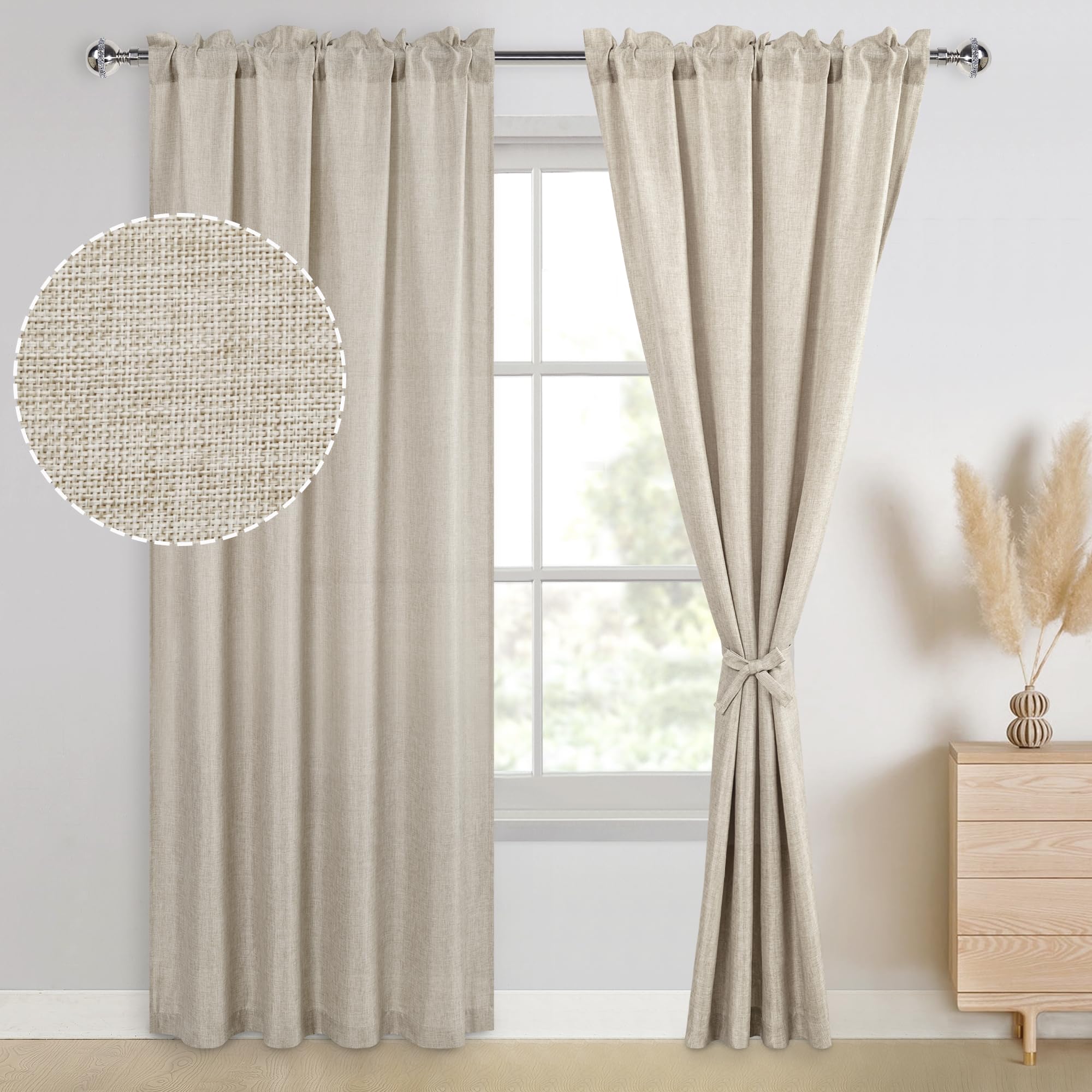 JIUZHEN Beige Faux Linen Curtains for Bedroom, Rod Pocket Thick Linen Semi Sheer Curtains 84 Inches Long Light Filtering Curtains & Drapes for Living Room, Set of 2 Window Curtain Panels, 52 x 84 Inch