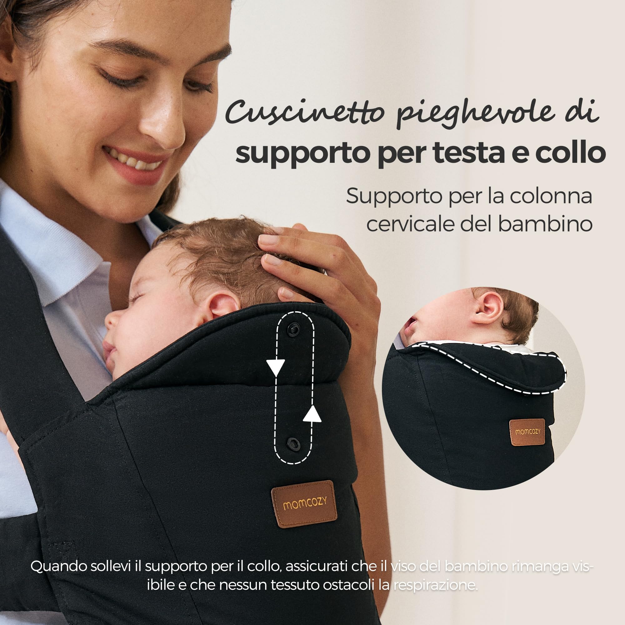 Momcozy Marsupio per neonati dalla nascita, ergonomico con supporto per il collo, leggero e sicuro (3-11 kg), nero