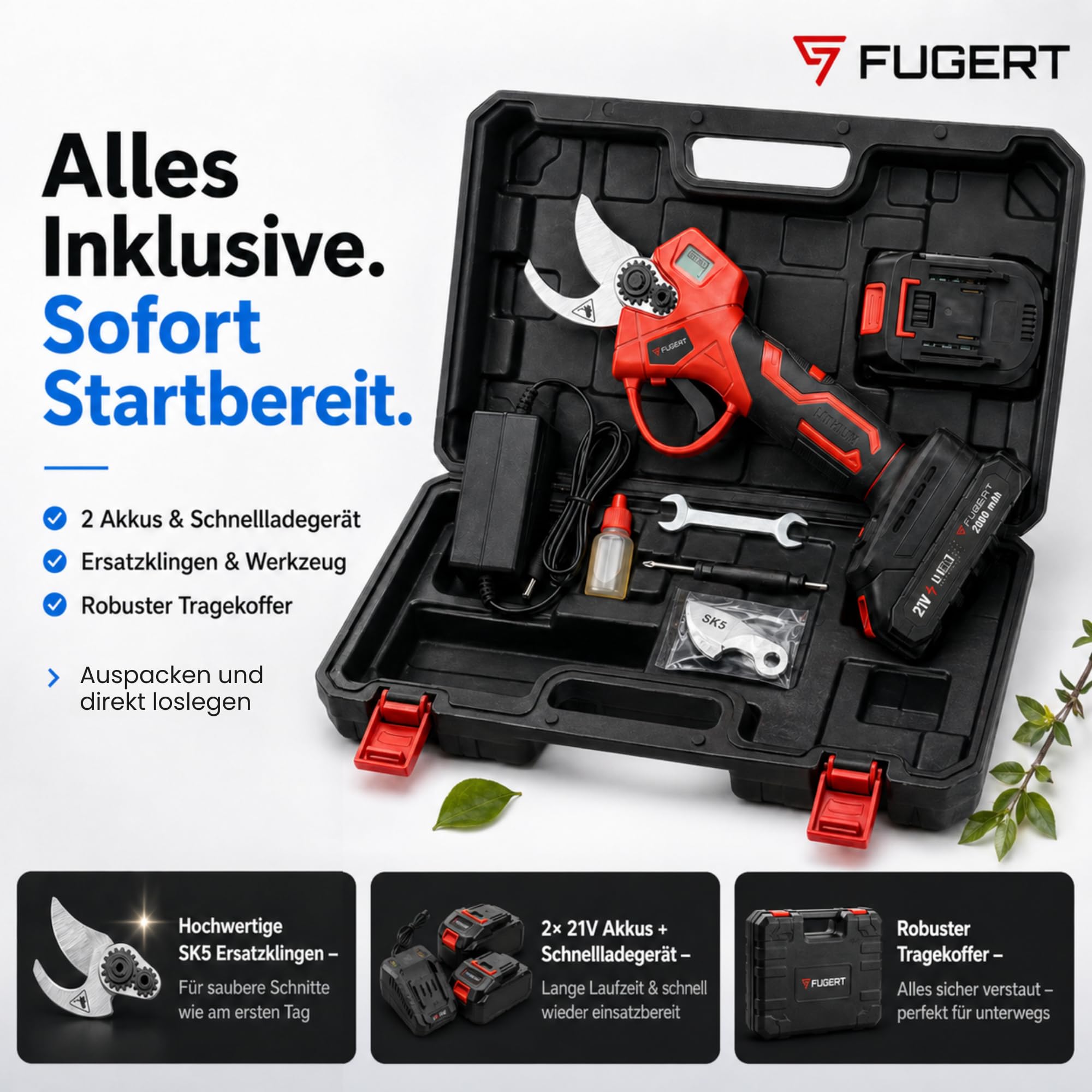Akku Astschere 30 mm mit 2 Akkus 2 Ah, Bürstenloser Motor, Elektrische Gartenschere Bypass, LED-Schnittzähler, Baumschere für Garten & Obstbäume, Leichte Gartenschere mit Koffer