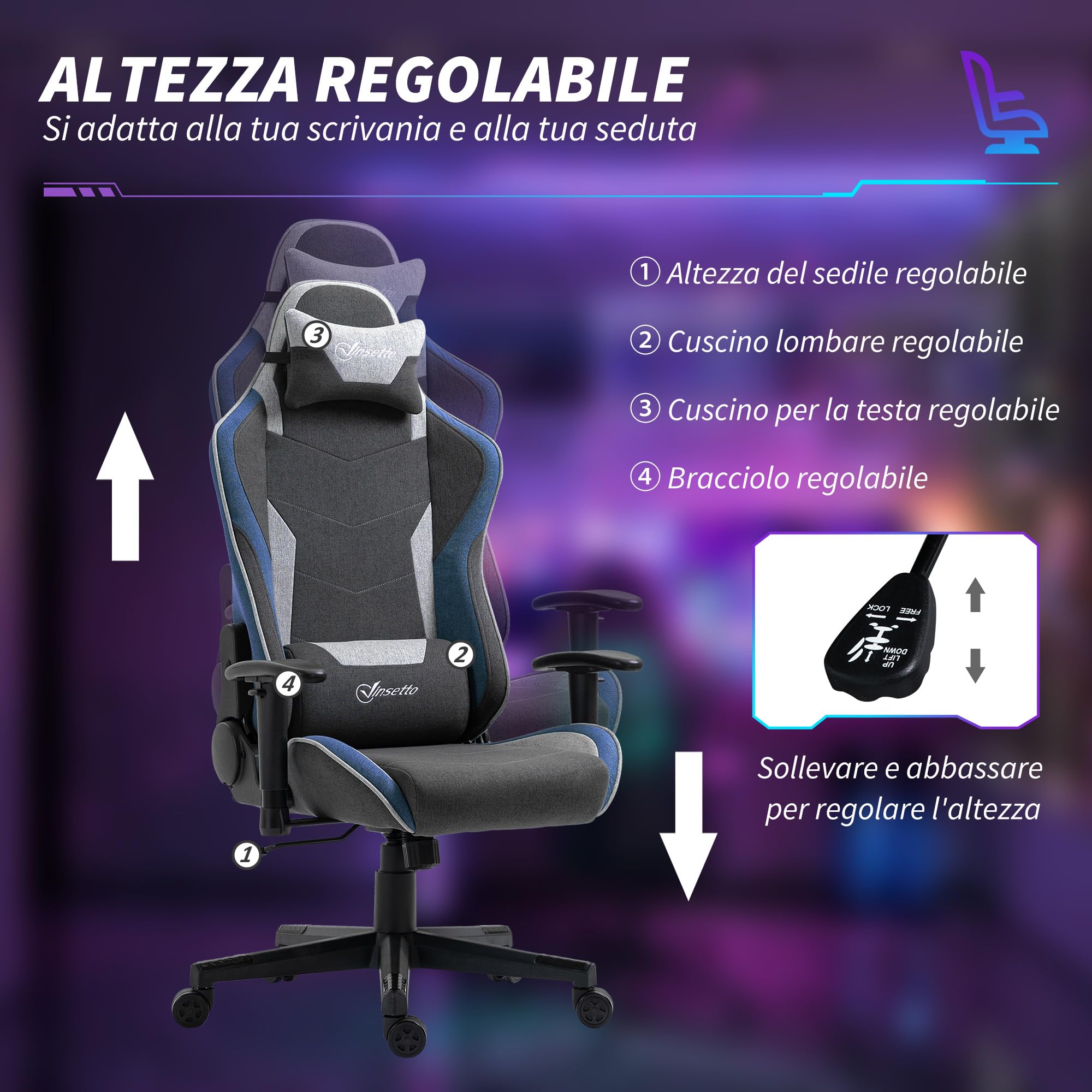 Vinsetto Sedia da Gaming Ergonomica, Poggiatesta e Altezza Regolabile, Blu | Braccioli, Poltrona Gaming Ufficio Reclinabile, Tessuto Effetto Lino, Funzione Dondolo, Supporto Lombare