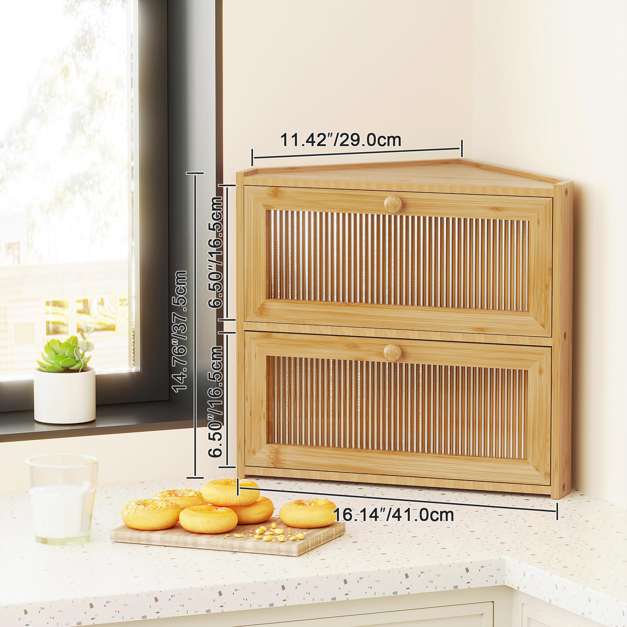 BAMBANG Panera esquinera para encimera de cocina, contenedor de almacenamiento de pan de bambú de doble capa con ventanas onduladas, panera grande de granja, soporte de madera para pan casero, natural