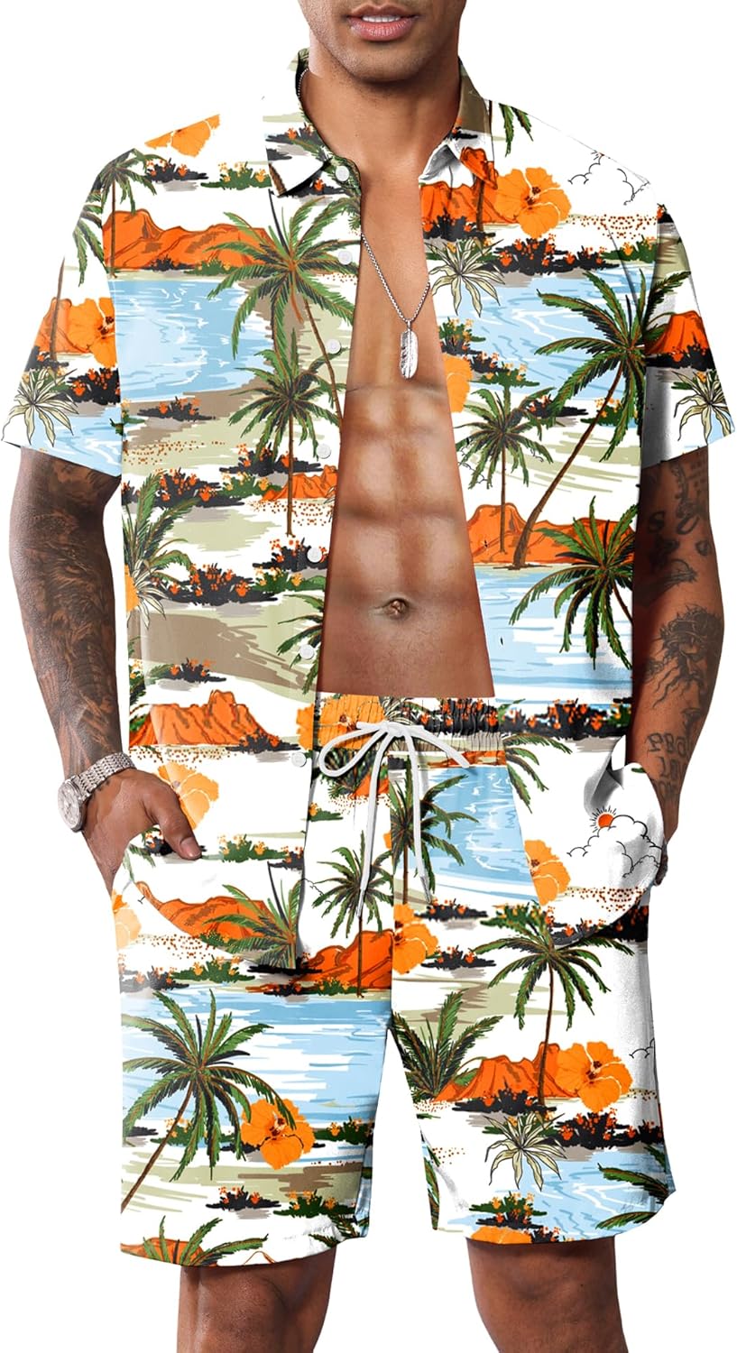 LecGee Mens Coconut Tree Hawaiian Sets Casual Short Sleeve Button Down Shirts Shorts 2 Piece Outfits Summer Tracksuit