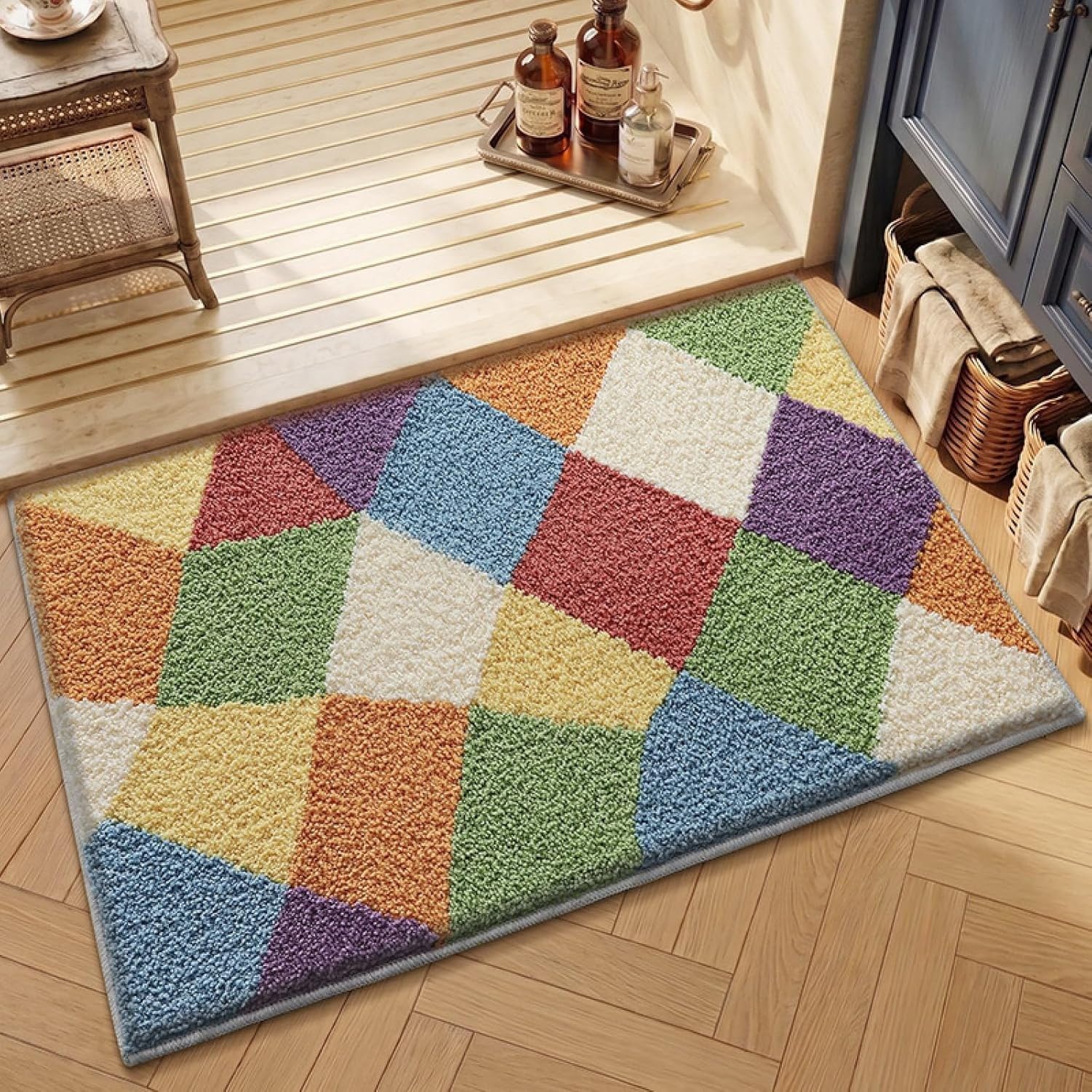 AIEIJJH Bathroom Mats 50x80cm Super Absorbent Grid Pattern for Bath Tub Shower Floor, Non Slip Carpet with Anti-Skid Rubber Backing Soft Flannel, 50×80cm, 50×80cm