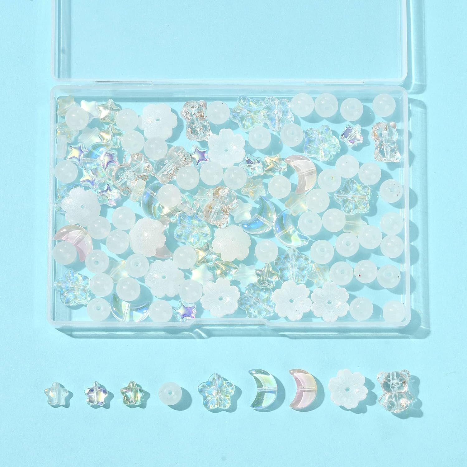 Assorted 122Pcs Glass Beads for Jewelry Making Including 8 Styles Transparent Star Flower Round Bear Moon Pink Glass Bracelets Necklaces Earrings Beads - Image 6