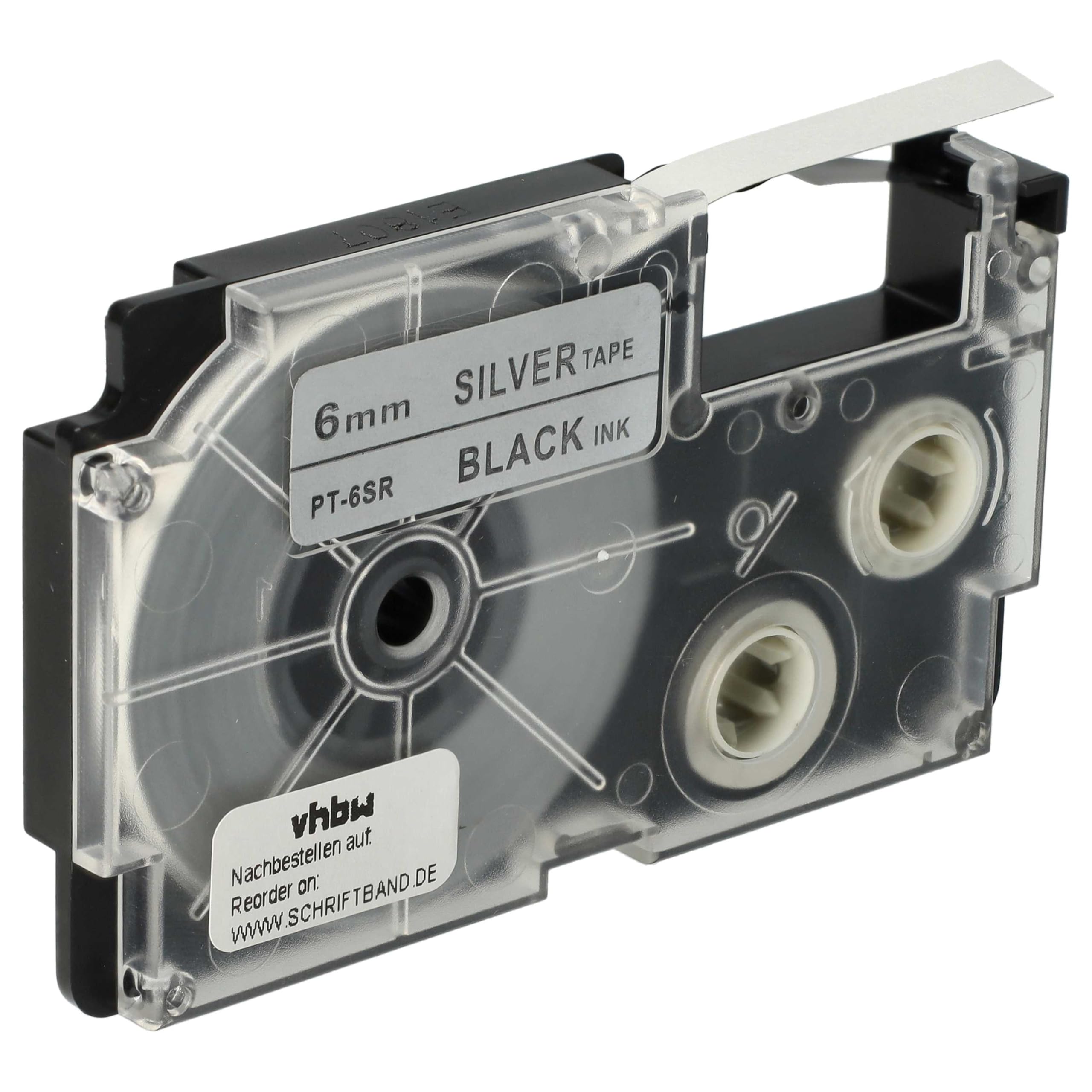 vhbw Label Tape Compatible with Casio KL-200, KL-130, KL-100E, KL-120, KL-1500, CW-L300 Label Printer 8m x 6 mm, Black on Silver