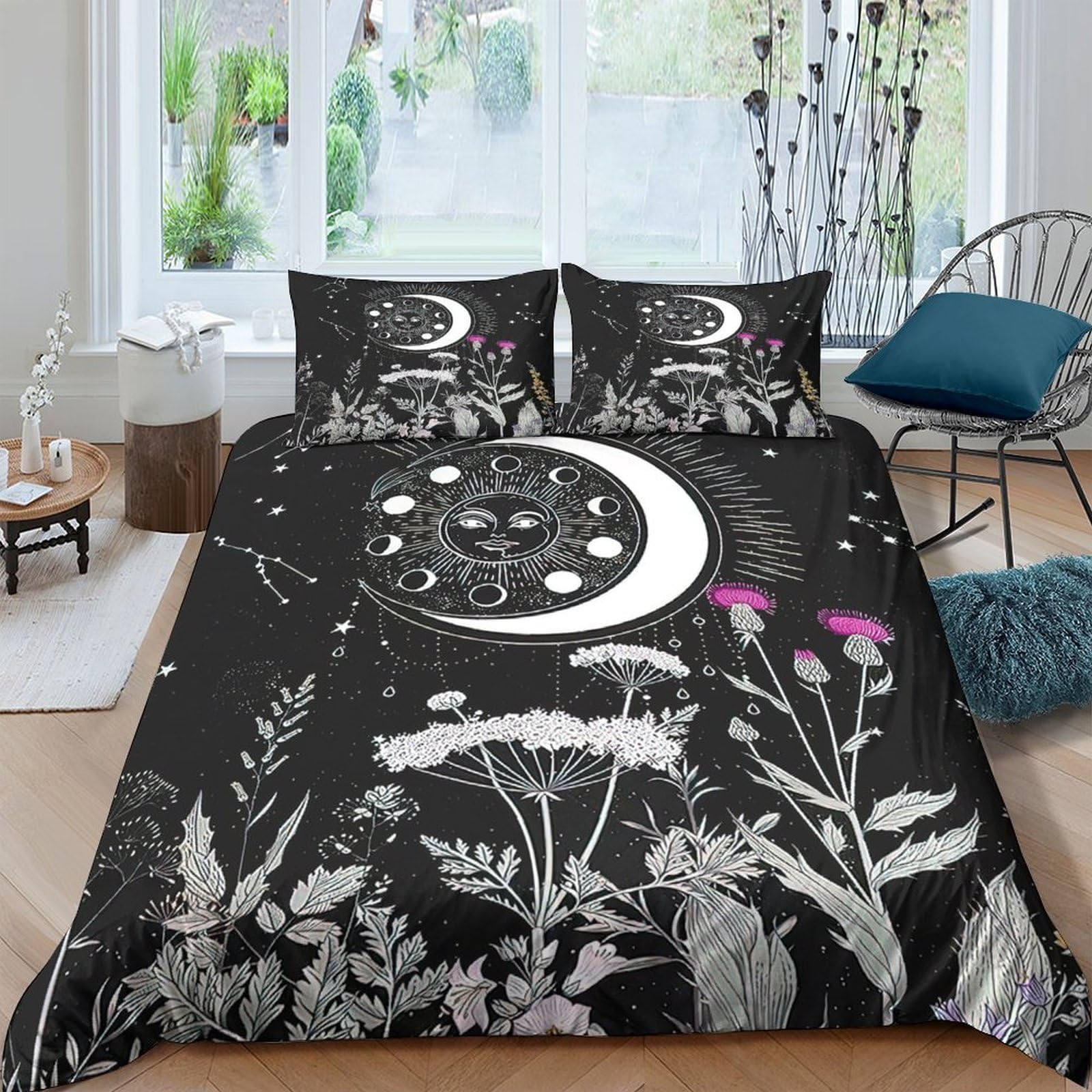 GPLZQXKJNH 3D Printed Moon Botanical Duvet Cover Microfiber Soft Breathable Night Forest Quilt Cover with 2 Pillowcases for Bedroom Decor Single（135x200cm）