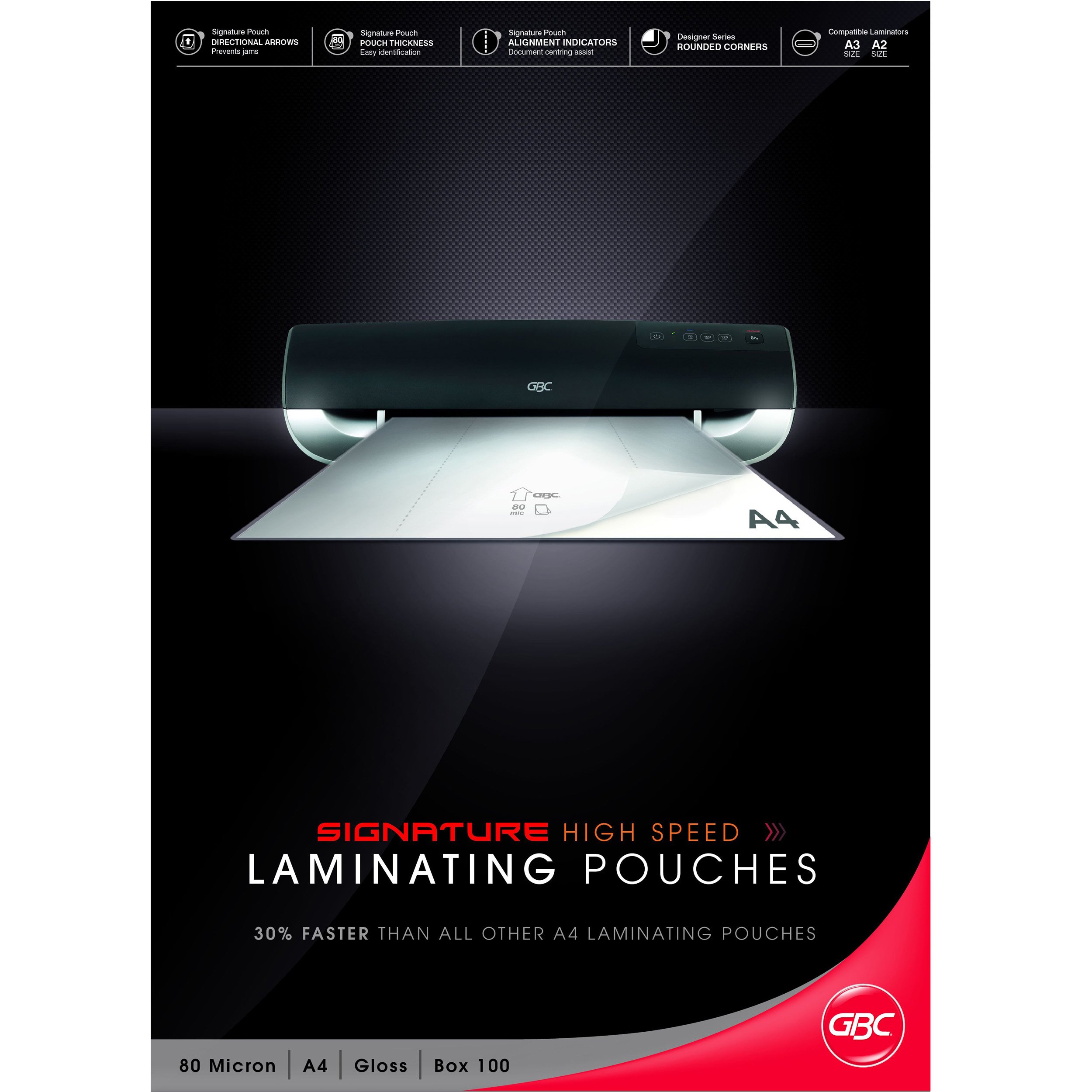 GBCA4 2x80 Micron HighSpeed Gloss Laminating Pouches, Pack of 100, IB049033