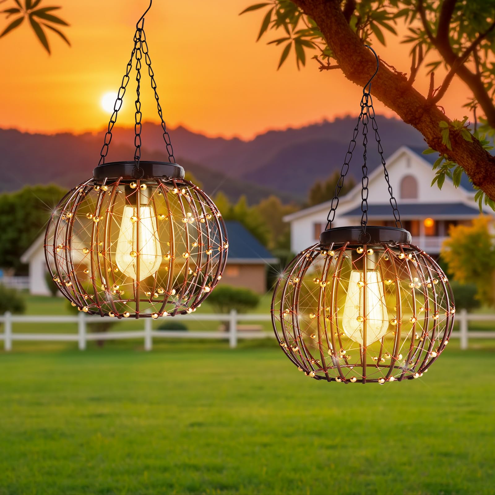 Lanterne solari da appendere per esterni, impermeabili, vintage, in rame, lampadari solari per cortile, giardino, gazebo, pergola, portico, confezione da 2