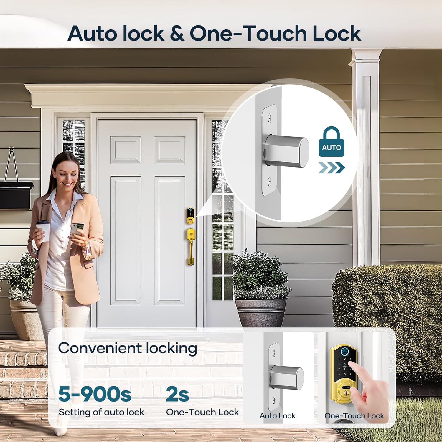 SMONET Cerradura inteligente para puerta delantera con asa, juego de cerradura de puerta de entrada sin llave, cerrojo inteligente de huellas dactilares con aplicación Bluetooth, teclado electrónico