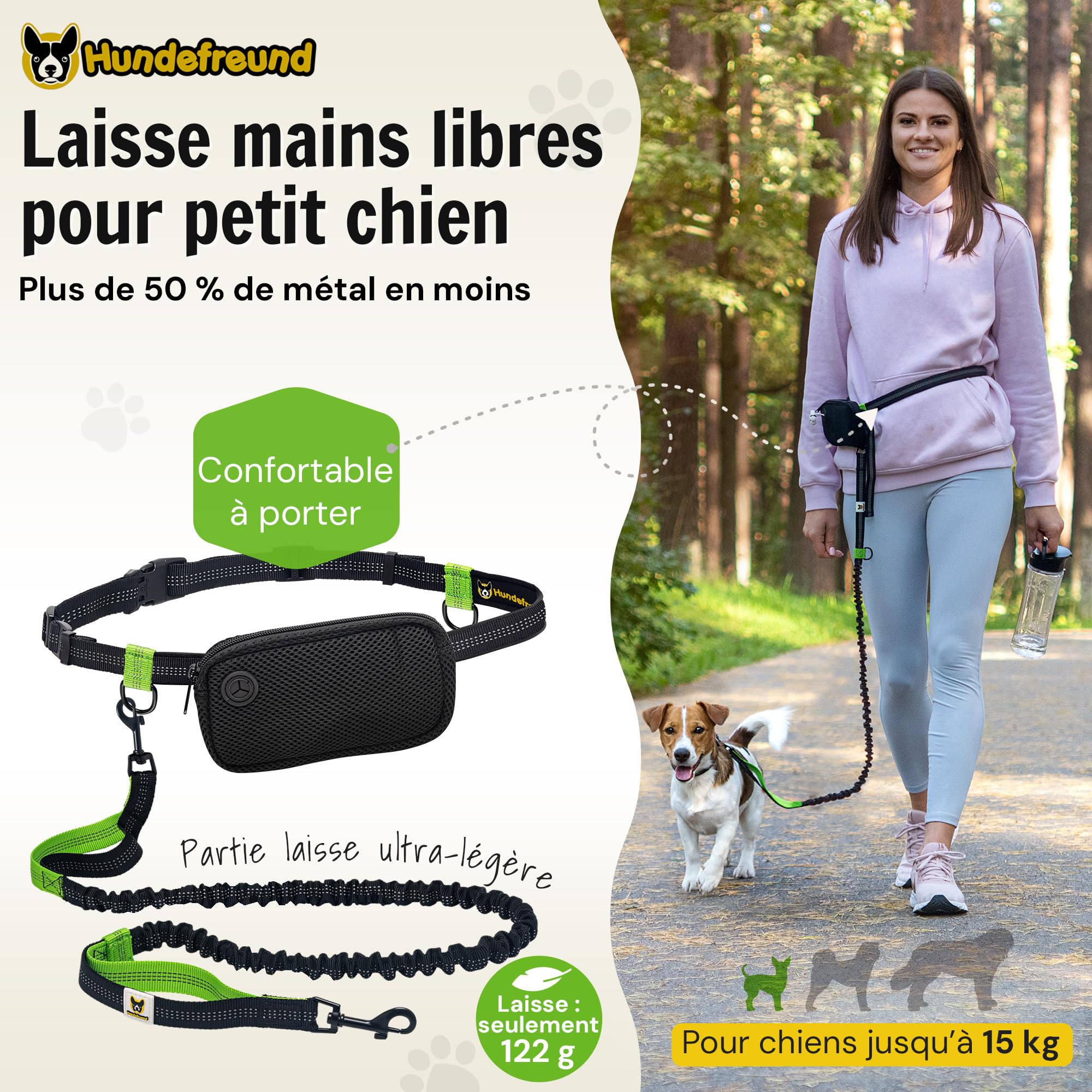Hundefreund Laisse Mains Libres pour Petit Chien jusqu'à 15 kg – Laisse Bungee Élastique 110-160 cm pour Canicross, Course à Pied & Jogging, Ceinture Réglable 65–120 cm avec Pochette