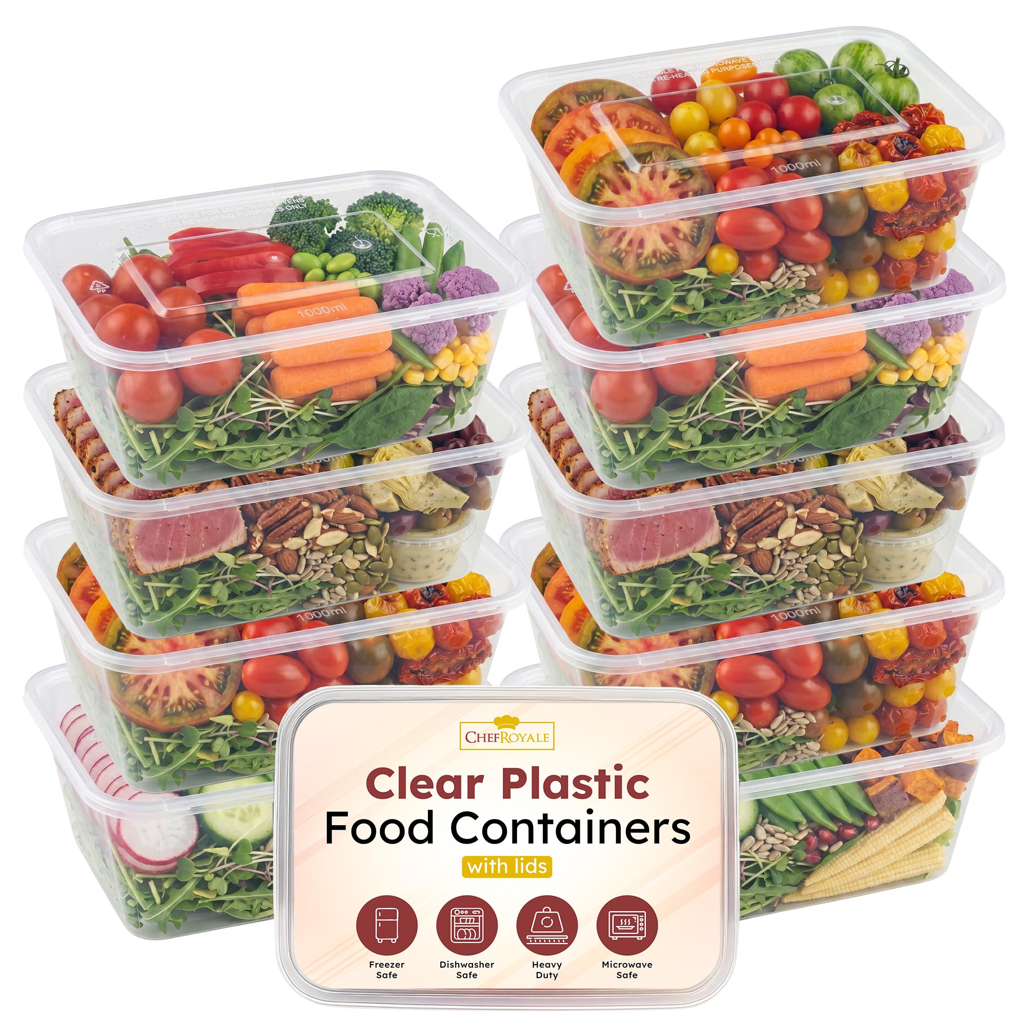 Chef Royale Transparent 10X 1000Ml Food Storage Container With Lids Plastic Food Prep Takeaway Container With Airtight Lids Microwave, Freezer & Dishwasher Safe Ideal For Takeaway Recyclable (10, 1000Ml)