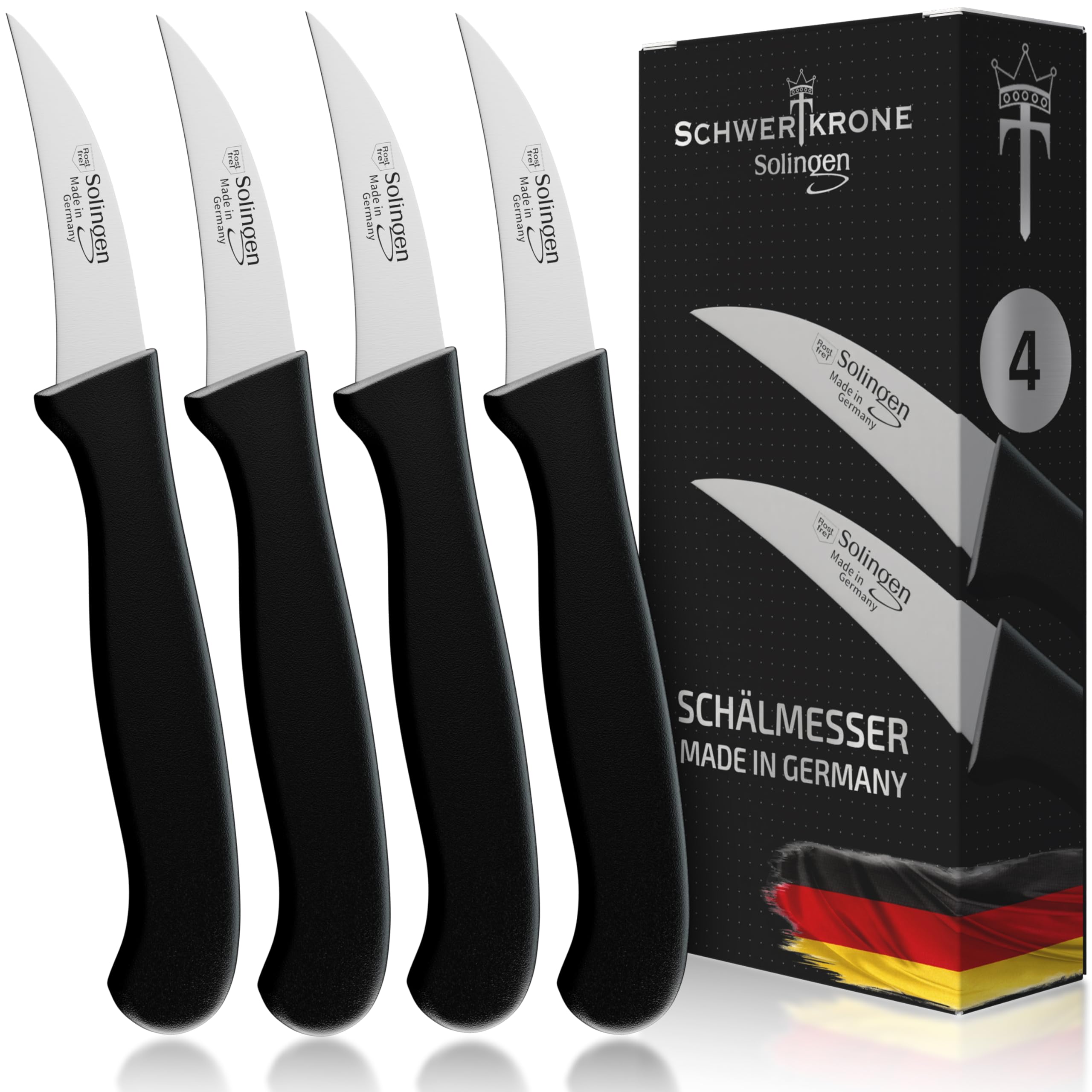 Schwertkrone® Wygięte noże do obierania, zestaw 4 szt. [Made in Solingen – Germany] – nóż do warzyw, nóż do owoców – mały ostry – nóż do krojenia ziemniaków – nóż uniwersalny (4 x wygięty 2,5")
