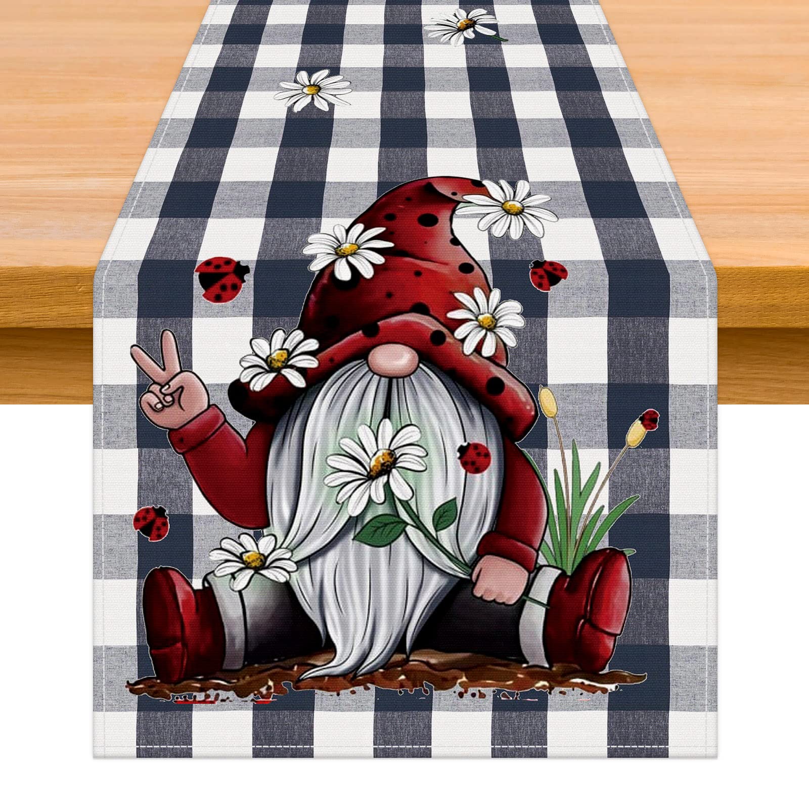 JOYPLUS Watercolor Plaid Gnome Summer Table Runner, Holiday Kitchen Dining Table Decoration for Indoor Outdoor Home Party Decoration