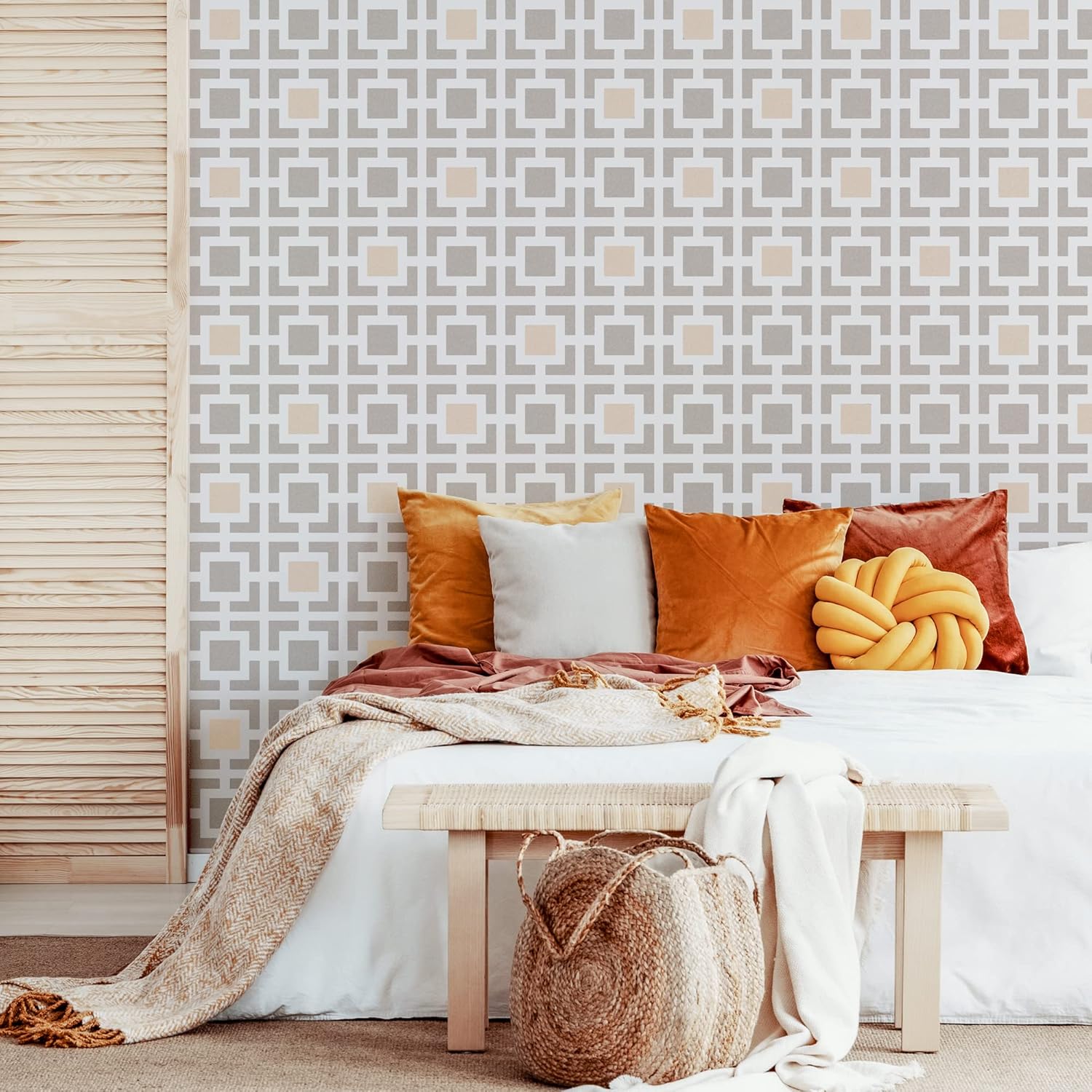 NAKLEO Reusable Plastic Wall Stencil - 59x95cm / 23” x 37” - Square Within Geometric - Large Seamless Allover Repetitive Wallpaper Pattern Painting DIY Craft Template