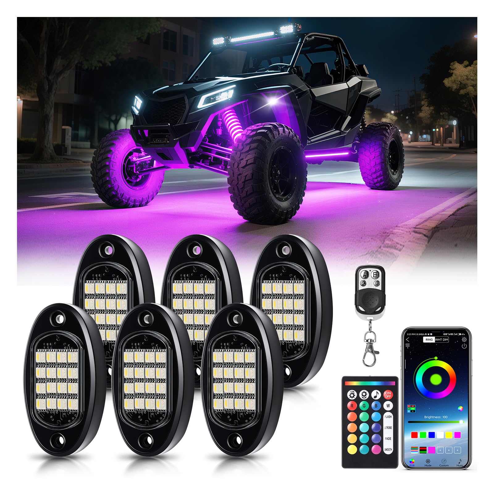 RGBW LED Rock Lights Kit, 6 Pods Rock Light for UTV ATV Golf Cart Trucks RZR SUV Offroad, Waterproof 6500K Pure White &amp; RGB Underglow Kit with APP Remote Control Music Neon Vehicle Underbody Light 12V