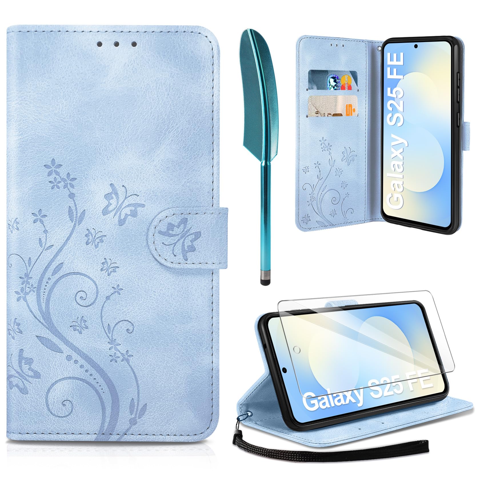 AROYI Lederhülle Kompatibel mit Samsung Galaxy S25 FE 5G Hülle und Schutzfolie,Wallet Handyhülle Leder Tasche Kartensteckplätzen Schutzhülle Kompatibel mit Samsung Galaxy S25 FE 5G Nebliges Blau