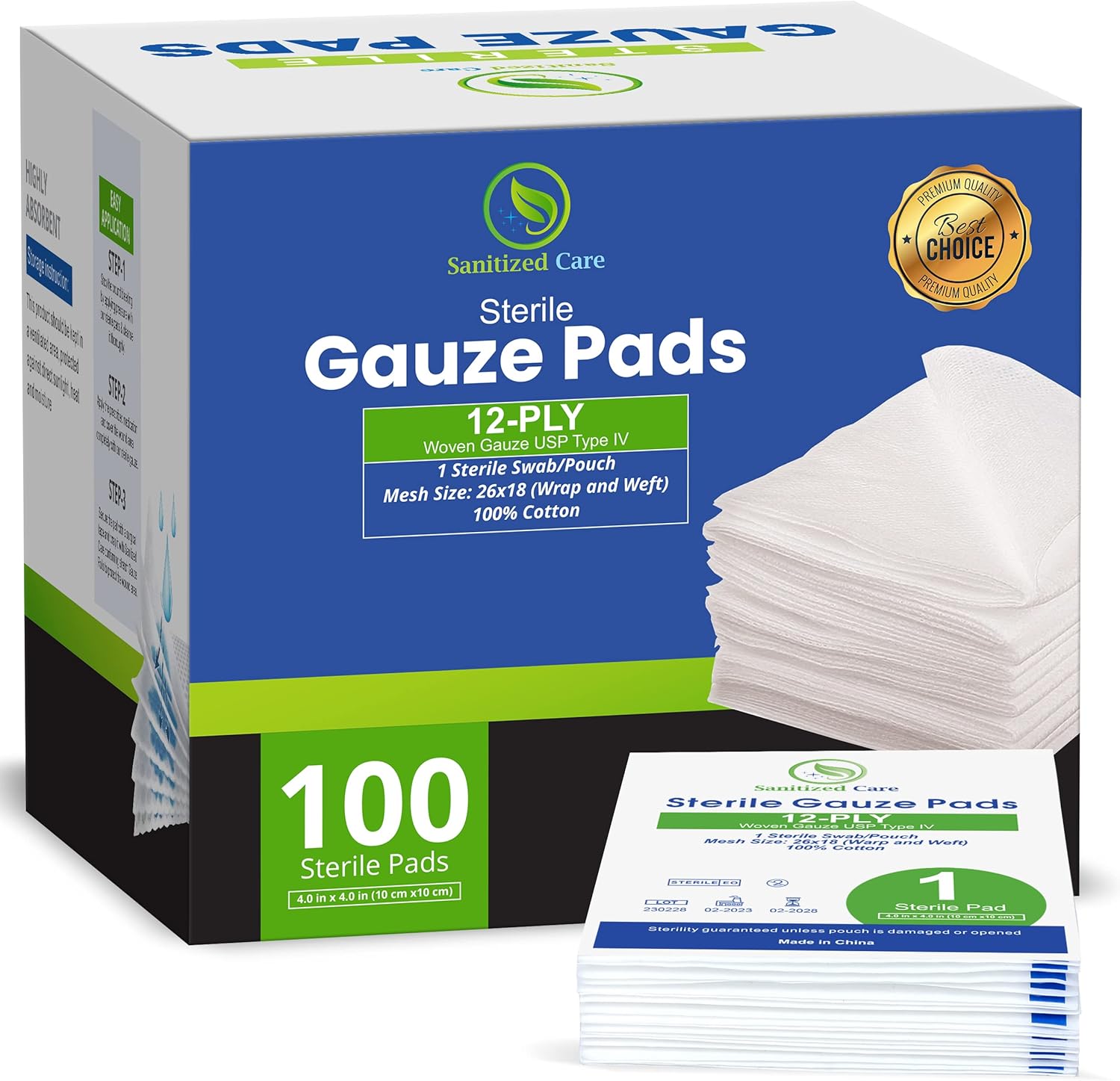 Premium 100pc Large Gauze Pads 4x4 sterile for Wounds Bulk