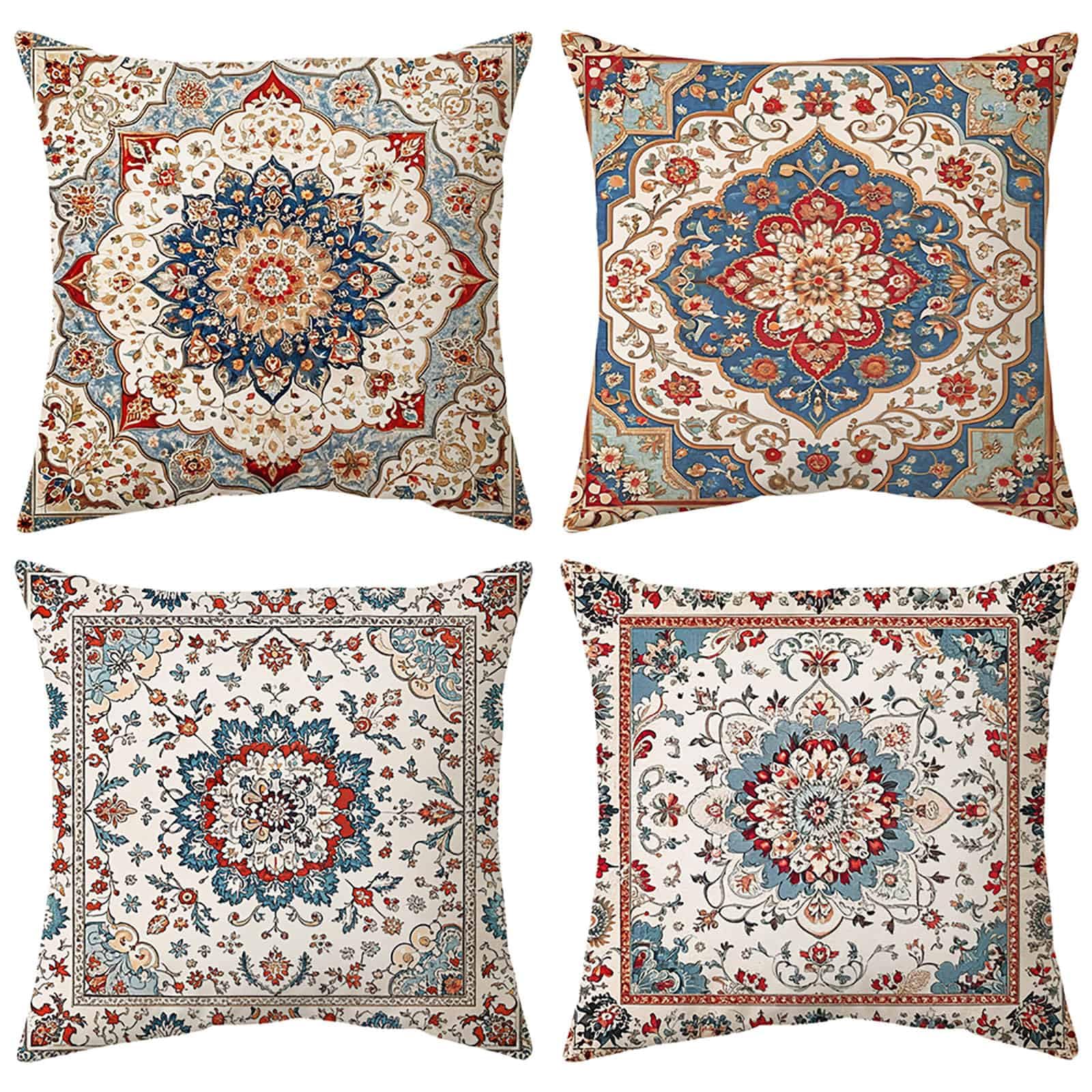 Boho Cushion Covers Blue Red 45x45cm Set of 4, Soft Velvet Bohemian Decorative Decor Square Throw Pillow Covers, Vintage Exotic Kilim Patterned Floral Pillowcases for Home Sofa Couch Bedroom Garden