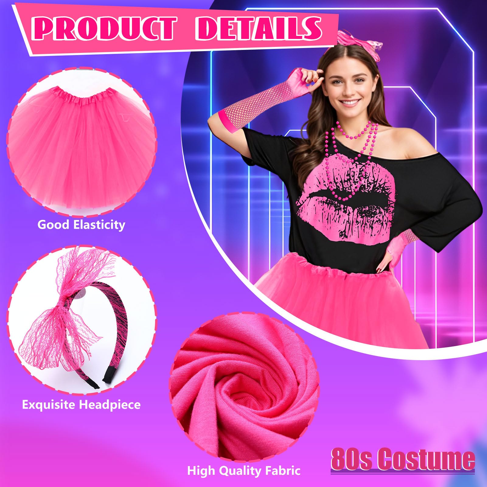 Suffolly 80s Fancy Dress for Women with 80s Accessories for Women 10PCS Neon Clothes Include T-Shirt Skirt Gloves Leg Warmers Necklaces Headband Earrings Bracelets glasses hair rings (Set B - Image 4