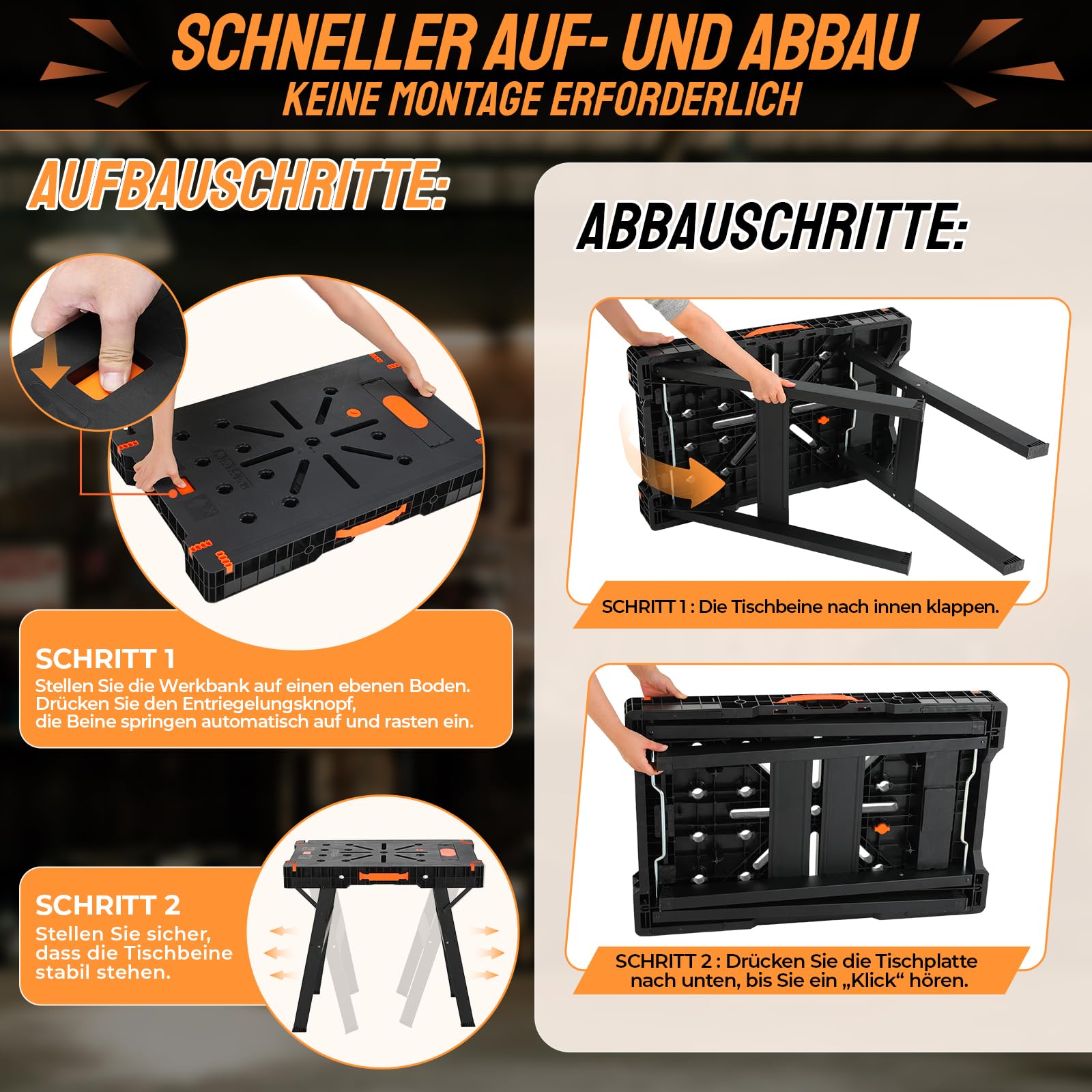 TLGREEN Klappbare Werkbank mit Integrierter Steckdose, Tragbare Werktisch | Sägebock Arbeitstisch inkl. 2 pcs Einhandzwinge, für Werkstatt, Garage, Baustelle & DIY, bis 300-500kg, 86 x 55 × 79cm