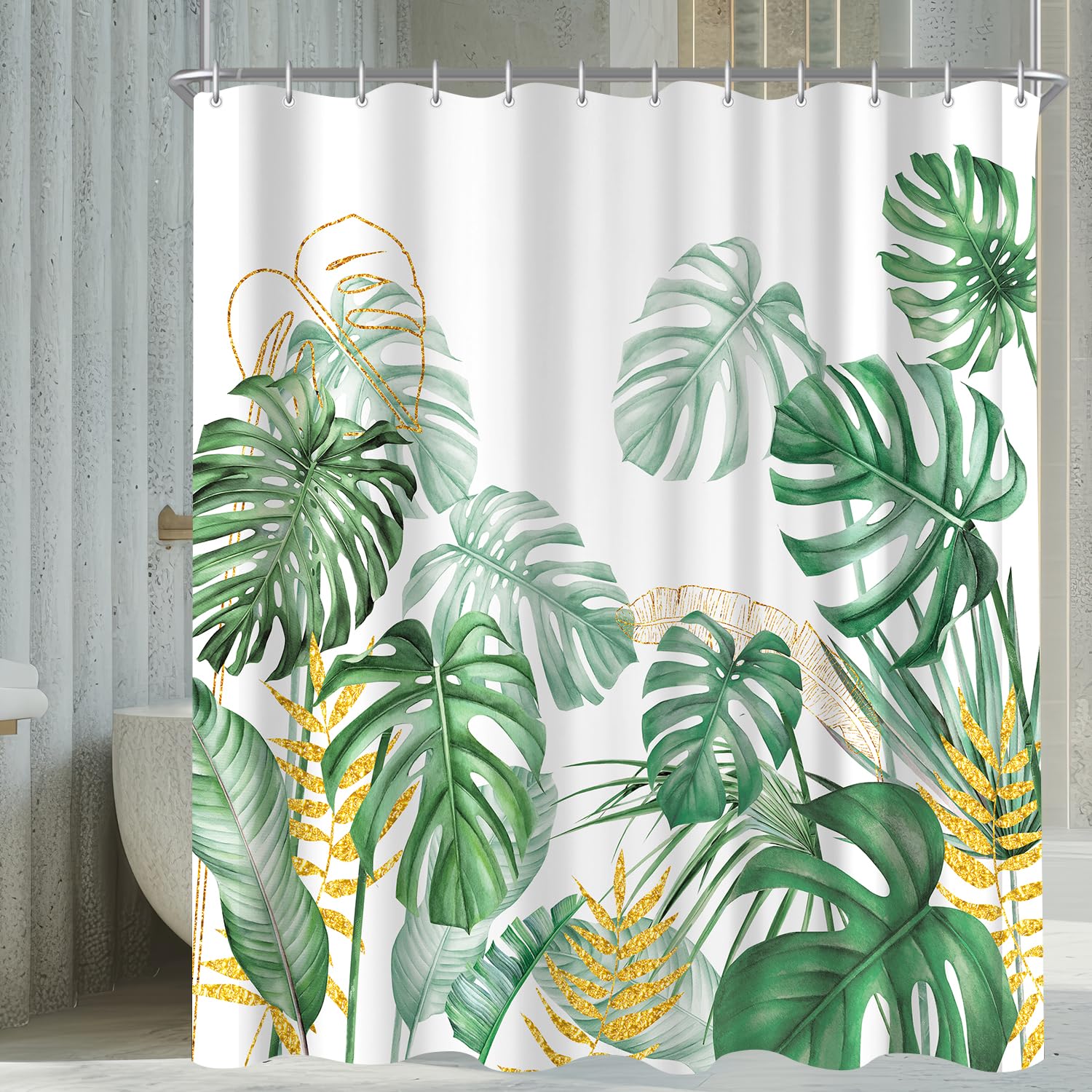Shower Curtain, 120 x 200 cm, Golden Edged Bamboo Leaves Motif, Weighted Hem, Anti-Mould, Water-Repellent