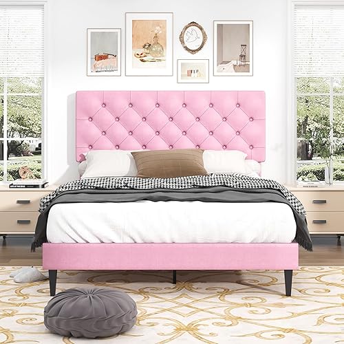 Base de cama de tamaño matrimonial con cabecero, cama de plataforma tapizada con cabecera capitonada con botones ajustables, marco de cama de tela