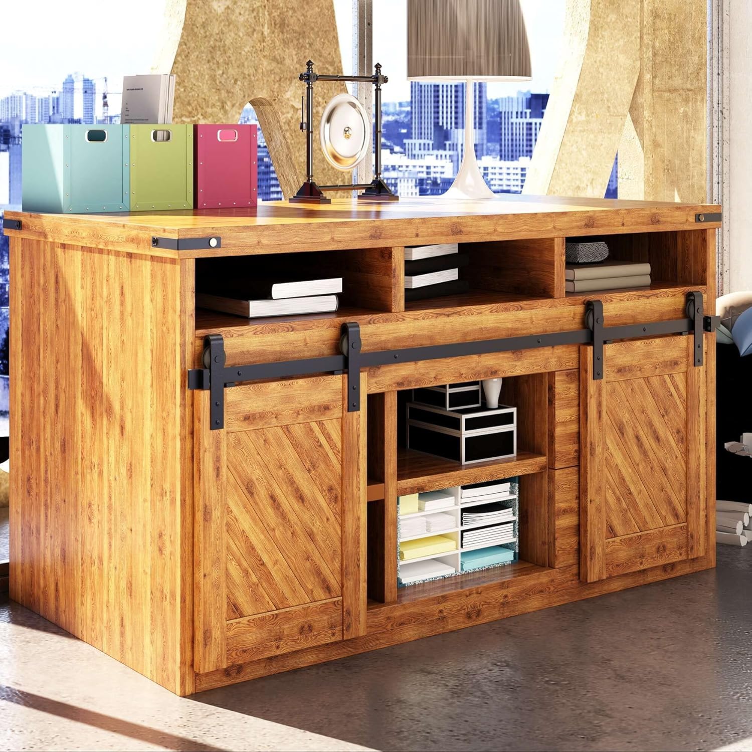 Homacer Mini Black Rustic Non-Bypass Sliding Barn Door Hardware Kit, for Two/Double Doors, 48-inch Long Flat Track, Classic Design Roller, Cabinet TV Stand Console Use…