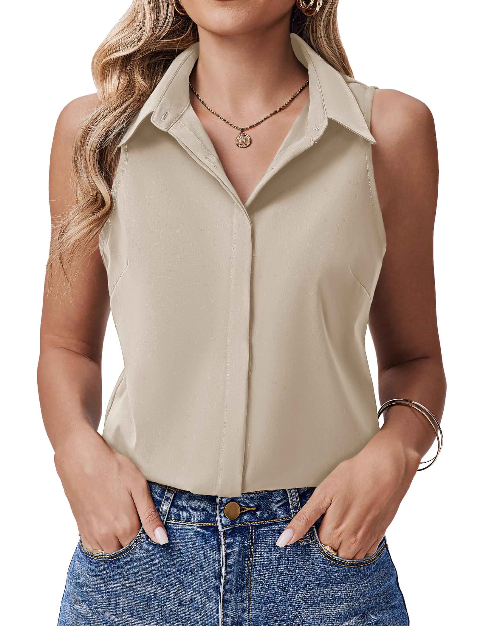 HOTOUCH Women's Sleeveless Button Down Shirts Collared Casual Business Tops Hidden-Button Front,Womens Dressy shirts,Tank Tops,Loose Fit,V Neck,Ideal for Office Daily Wear,Lightweight Fabric