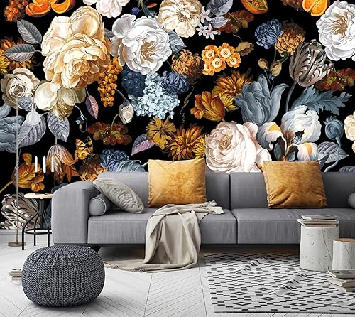 Papel tapiz floral negro y dorado para dormitorio, mural de pared vintage de flores de peonía azul (no es del estilo pelar y pegar)