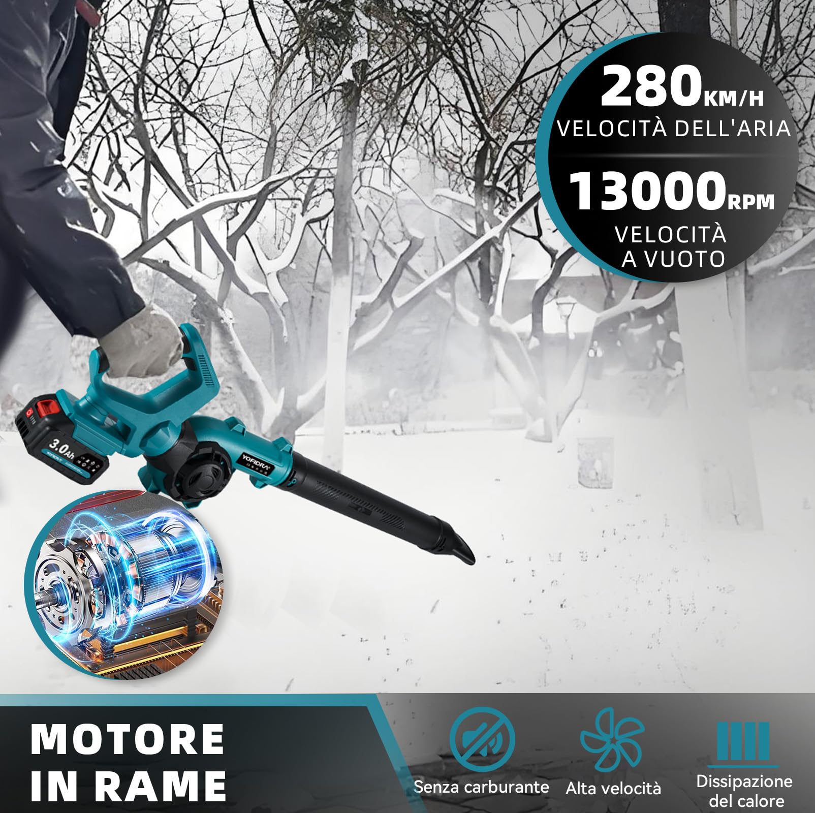 YOFIDRA Soffiatore a Batteria 280 km/h - Soffiatore Foglie con 2 Batterie da 3,0 Ah, 3 Velocità, Impugnatura Regolabile a 270°, Doppia Presa d'Aria, 13.000 Giri/min, per Cortile, Prato, Giardino
