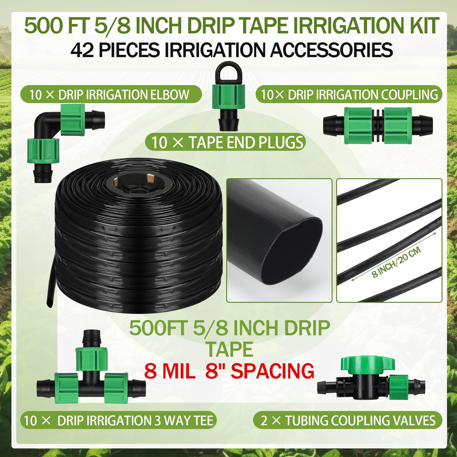 Kit de riego de cinta de goteo de 500 pies y 5/8 pulgadas, cinta de goteo de 8 mil 8 pulgadas, manguera de espaciado, sistema de tubería de riego de jardín, equipo de riego automático para