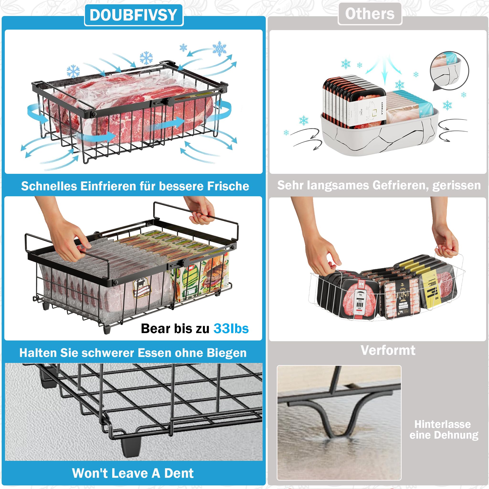 4PCS Panier Congelateur Coffre, Rangement Congelateur Extensible Empilable Pliables avec Poignées, Métal Organisateur de Congélateur Polyvalent Pour 140-570L Congélateur (4 Pièces-Noir)
