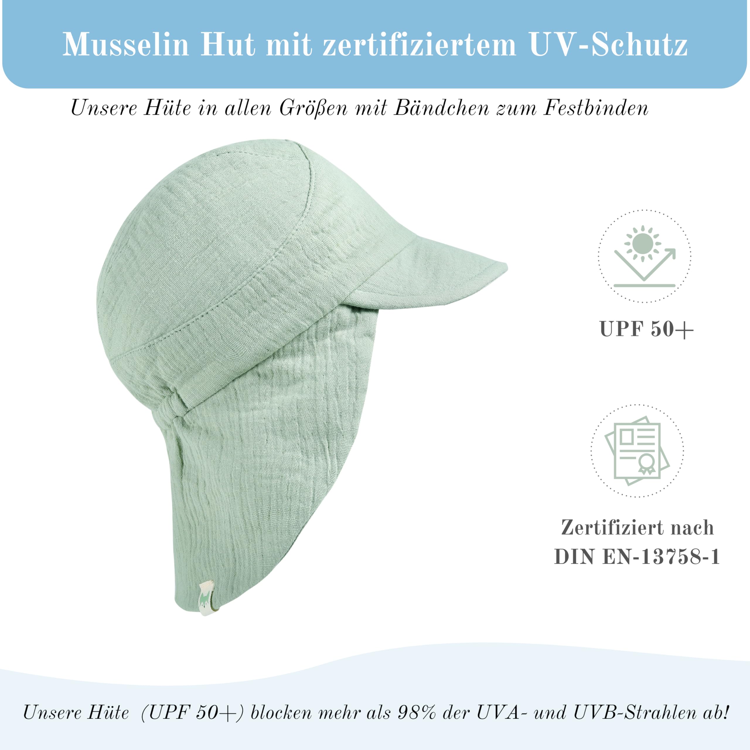 Musselin Schirmütze Sonnenhut mit Nacken- und Ohrenschutz UV-Schutz (UPF 50+) für Babys und Kinder - Unisex - 4