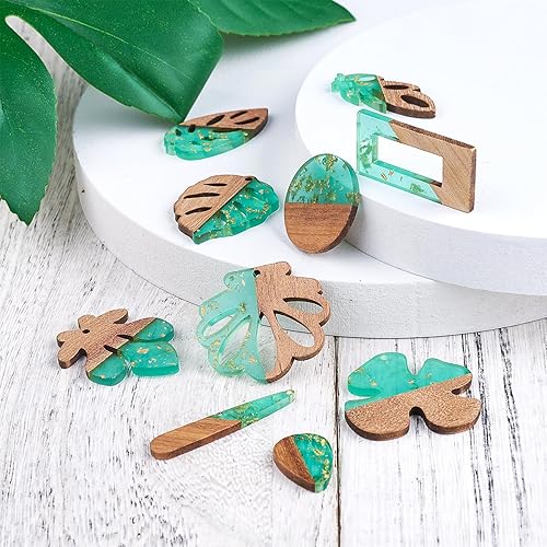 Miniatura 2 de Beadthoven - 20 piezas de 10 pares de dijes de madera de resina de hoja verde bohemios para bricolaje, aretes bohemios transparentes de hoja de