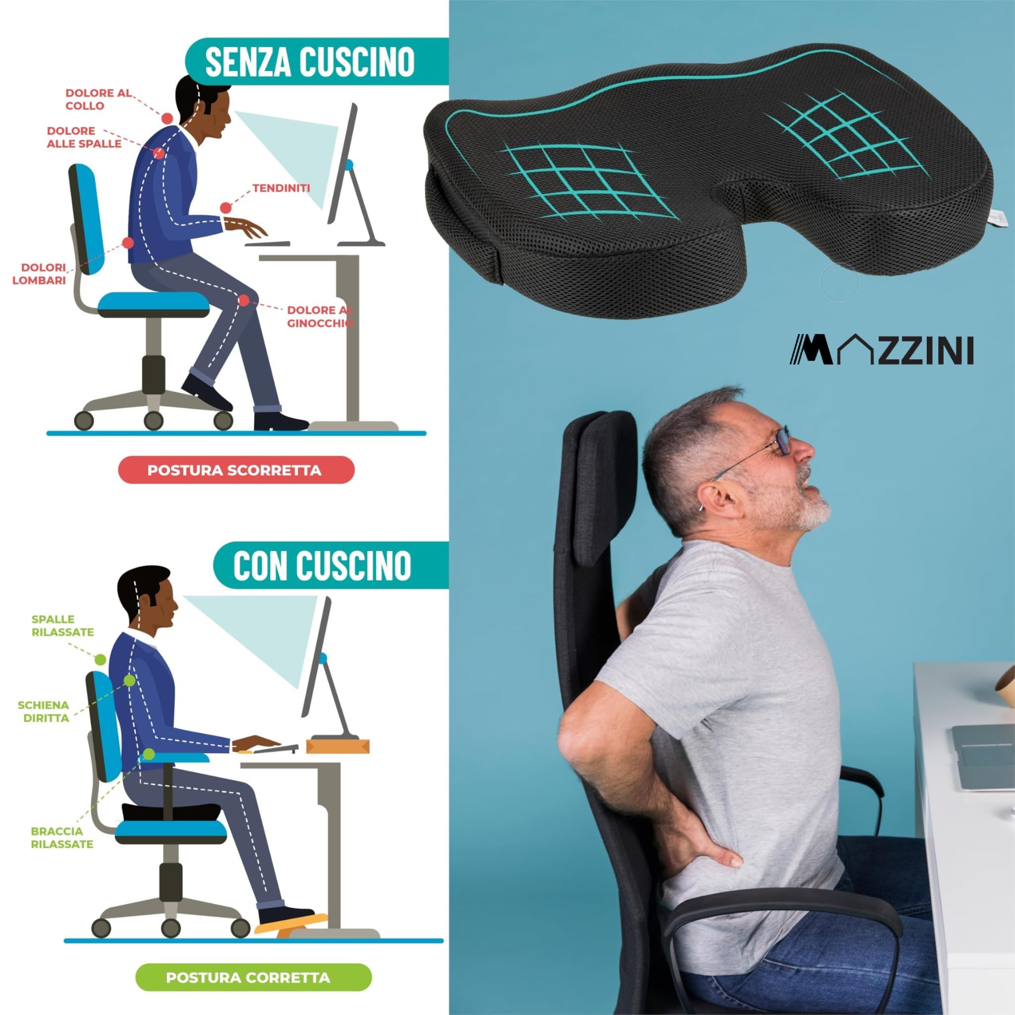 MAZZINI Cuscino Lombare Auto Memory Foam – Supporto Schiena Ergonomico per Sedia Ufficio e Auto | Antiscivolo, Sfoderabile, Ideale per Dolori Lombari, Postura e Antidecubito
