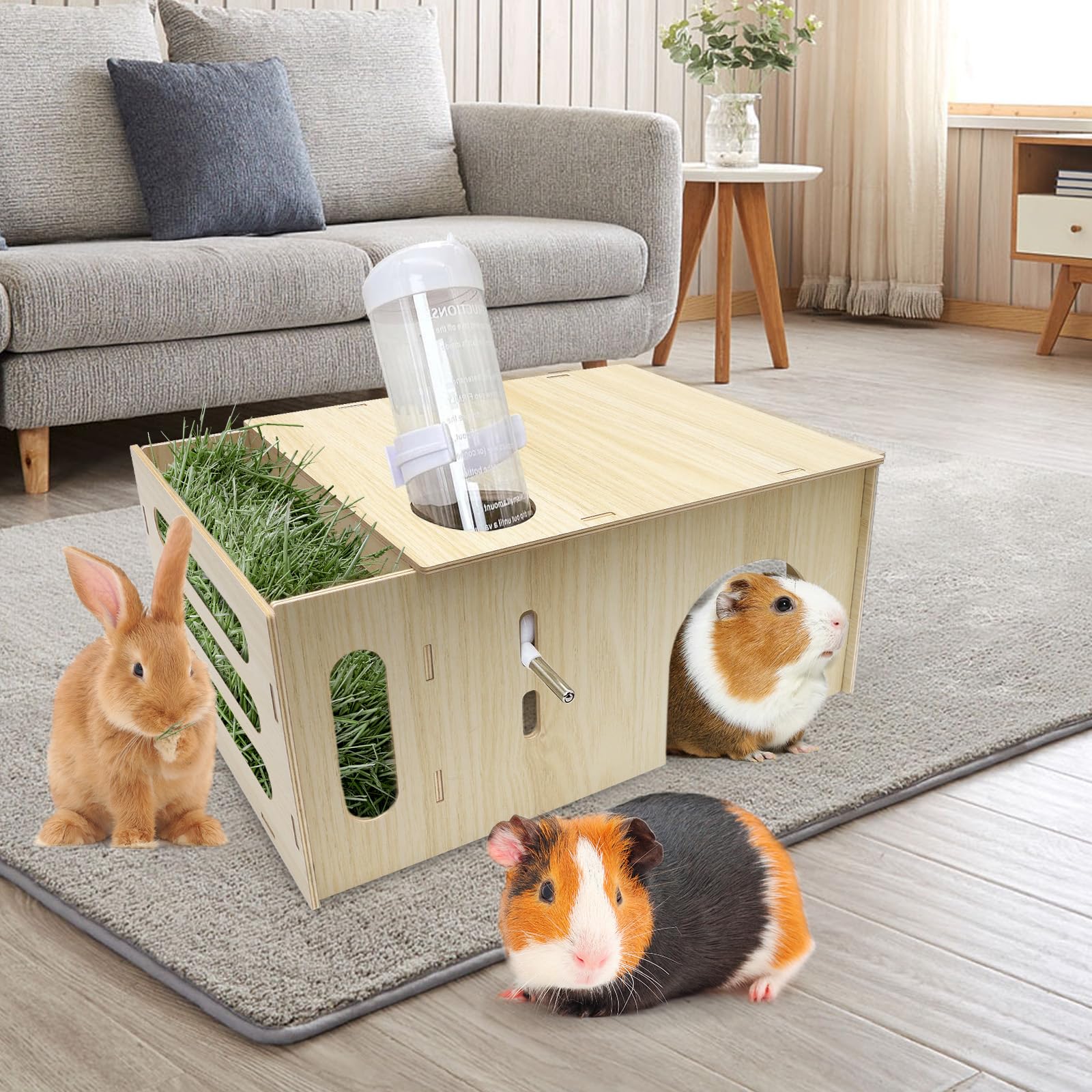 Maisonnette avec Mangeoire à Foin pour Lapin, 2 en 1 Cabane Cochon d'Inde en Bois pour Petits Animaux
