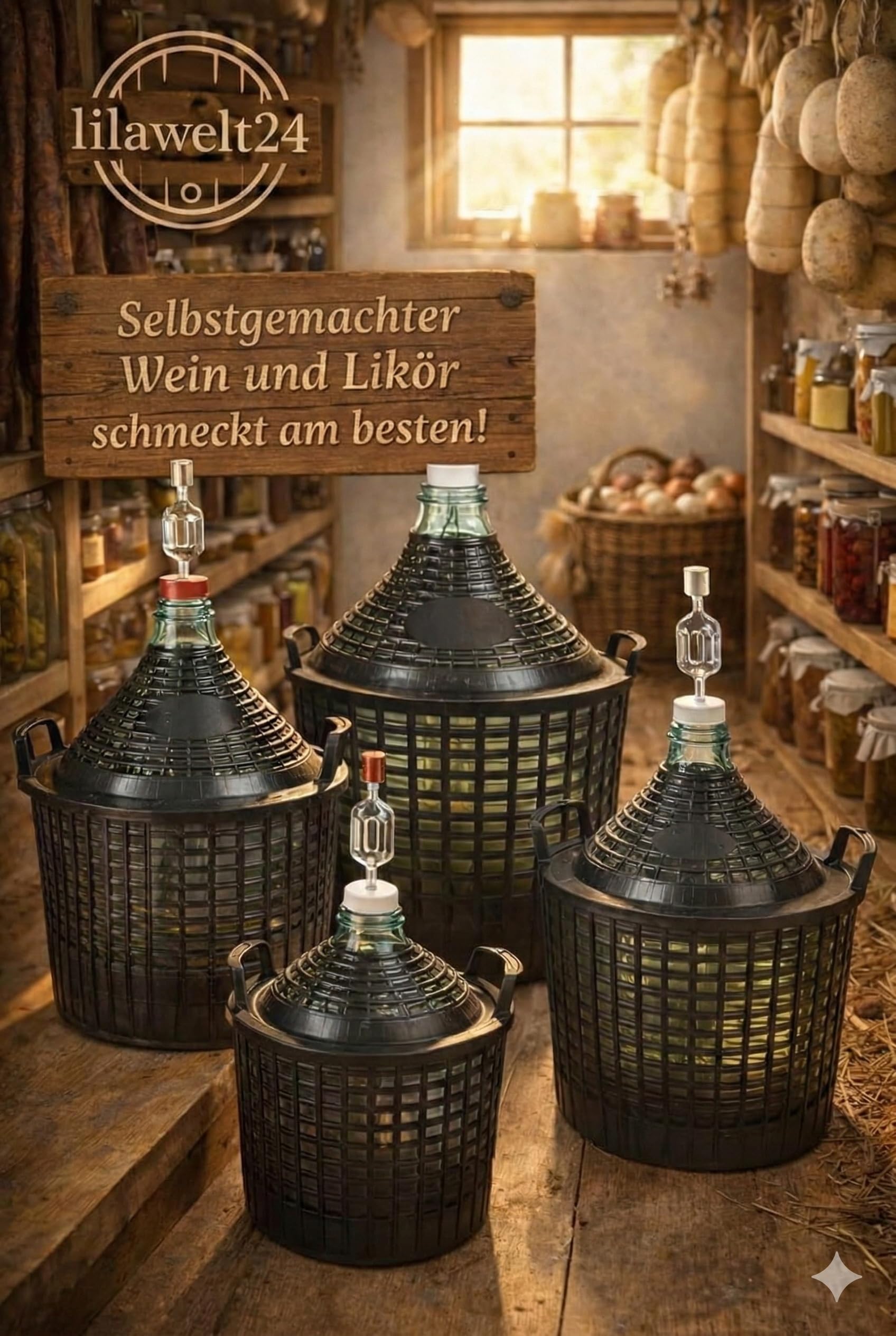 lilawelt24 2 X 10 L Glasballon + Gummistopfen+GÄRRÖHRCHEN, Gärballon mit Kunststoffkorb, Weinballon, Flasche, Glasflasche, Gallone, Gärbehälter, Glasgärballon, Gäreimer