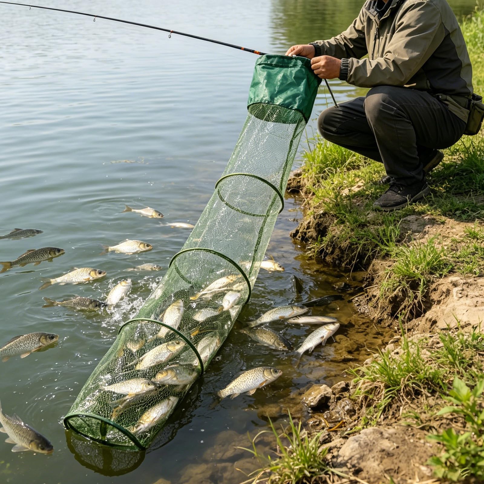 STOBAZA Bourriche Pliable En Métal Doré – Filet à Poissons Grand Capacité 46x31x10 Cm – Pliable, Robuste – Pour Garder Vos Prises Vivantes