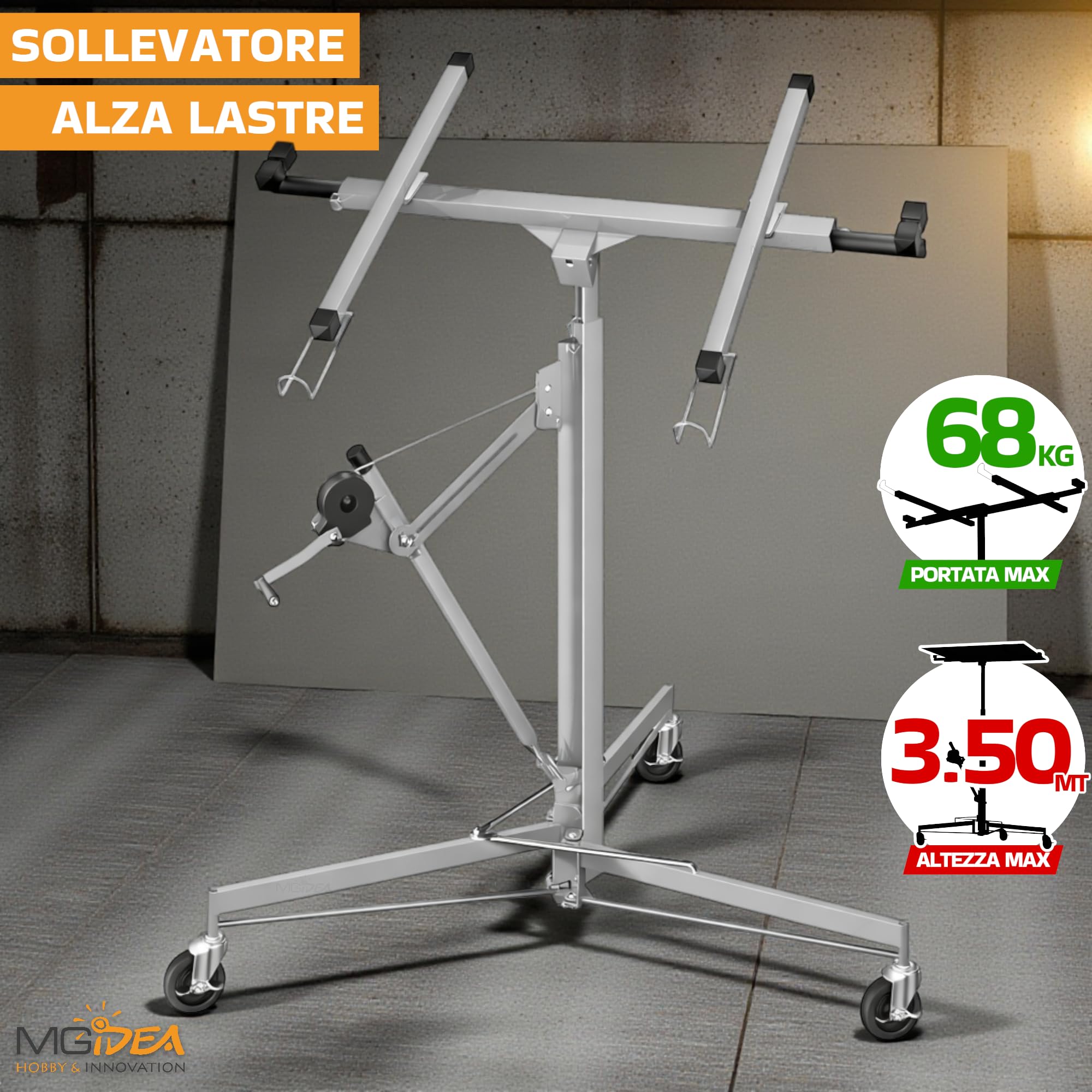 ALZA LASTRE SOLLEVATORE PANNELLI CARTONGESSO SUPPORTO REGOLABILE 68KG 3,5 M RICHIUDIBILE CON RUOTE BLOCCABILI ACCIAIO