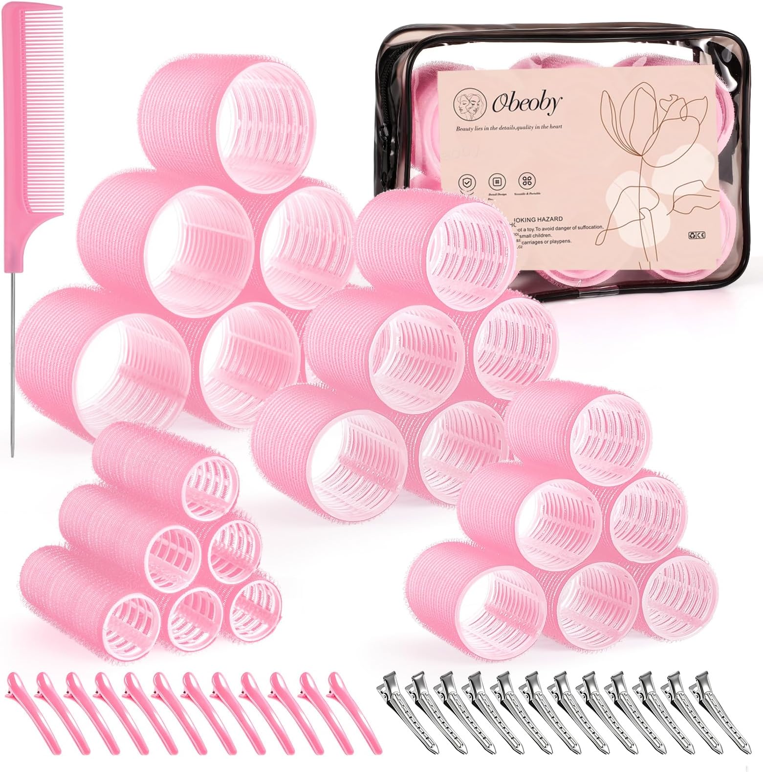 4 Sizes Self-Grip Hair Rollers Set for Long, Short Hair and Bangs - 50 Pcs with Clips (25mm, 36mm, 48mm, 60mm), Pink