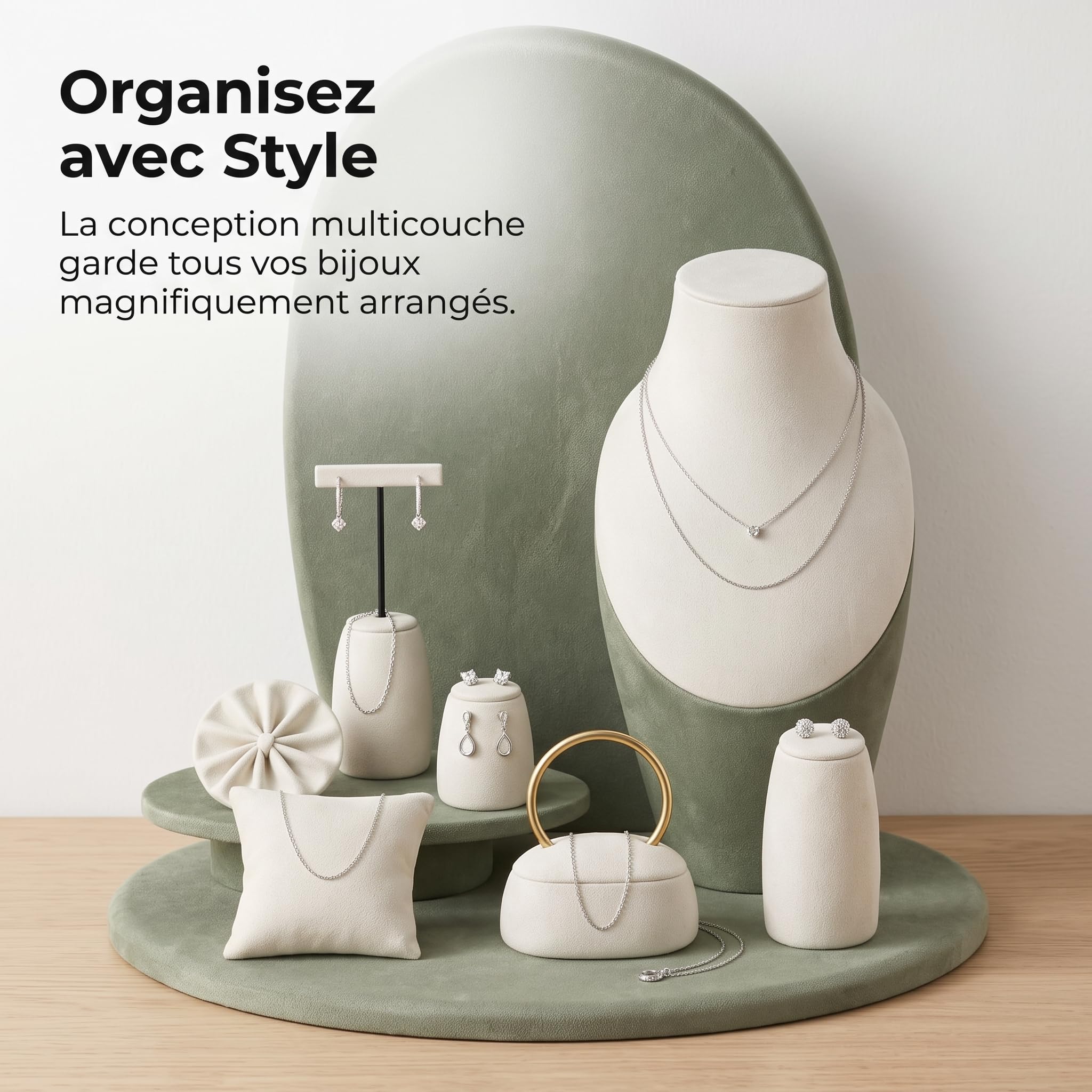 Porte Bijoux et Présentoir Collier en Velours à Trois Niveaux – Support Bijoux Artistique pour Colliers et Penntifs, Vert matcha