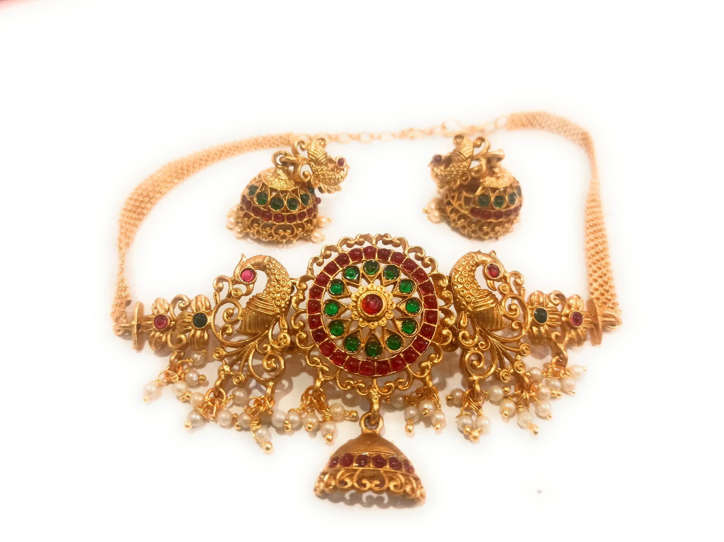 Adyashree Emporium Traditional Peacock Design Red Green flower Temple Jewellery set ruby and Pearl haram artificial Choker Necklace. Latest Wedding Jewellery for Women and Girls (B09W1KX6DD) Amazon Price History, Amazon Price Tracker