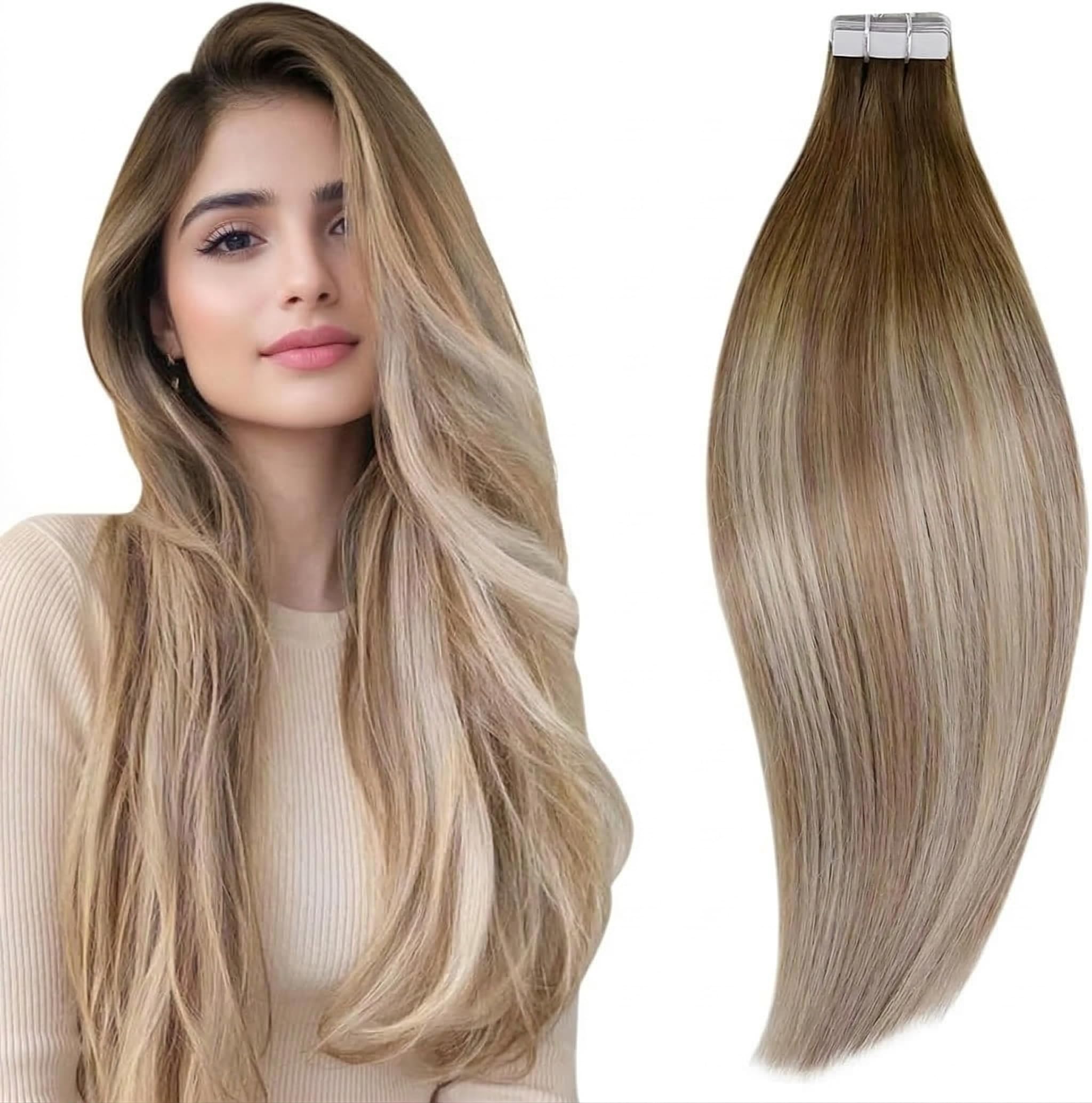 RUNATURE Blonde Tape Hair Extensions Real Human Hair Tape in Hair Extensions Human Hair Invisible Tapes Remy Straight White Blonde Hair 20pcs 50g 18 Inch #800 — view 14