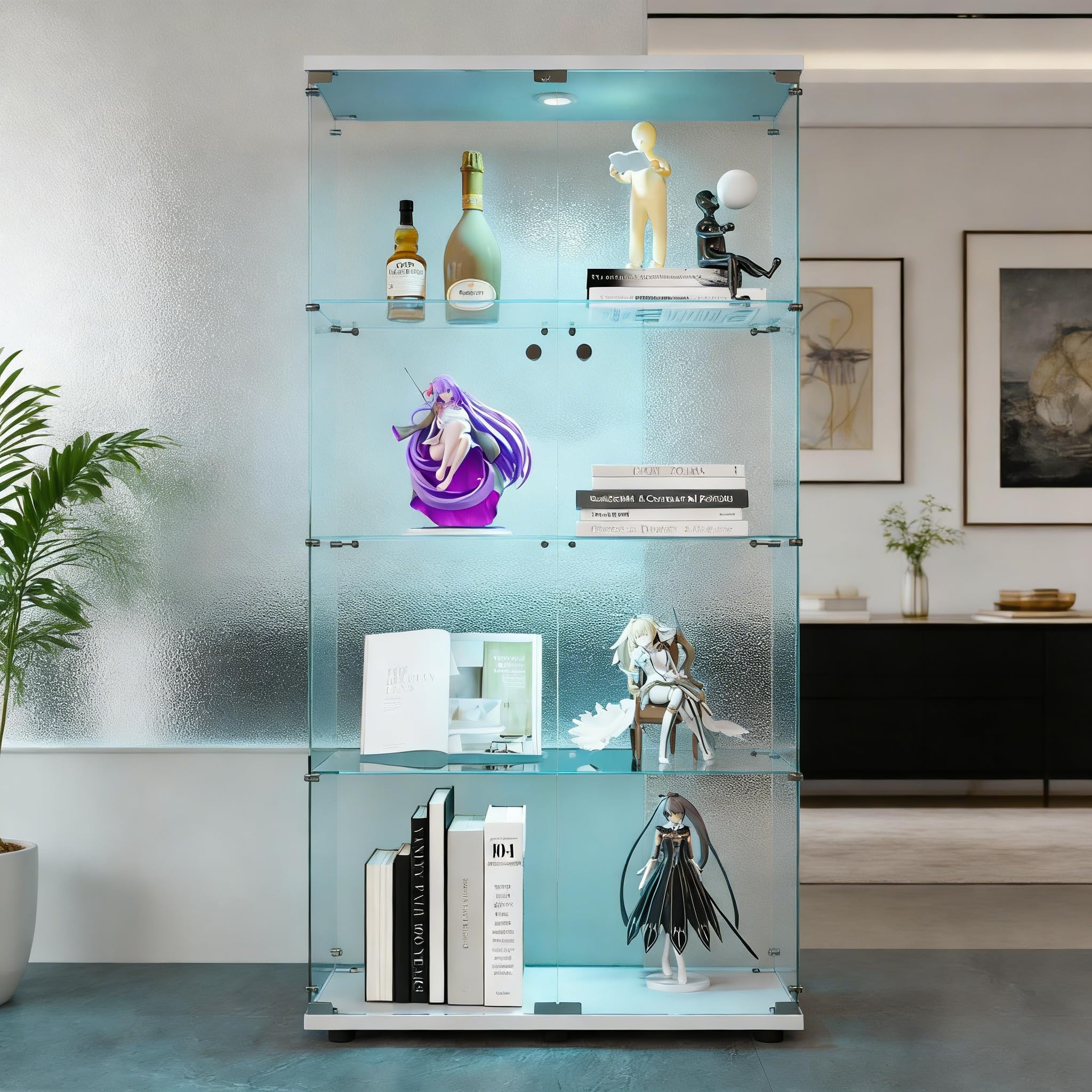 Glasvitrine Standvitrine mit Led, Sammlervitrine stehend mit 2 Glastüren abschließbar und 4 Böden Vitrinenschrank Transparente Vitrine Glas für Wohnzimmer Büro Sammlerstücke Bücher Wein (Weiß)