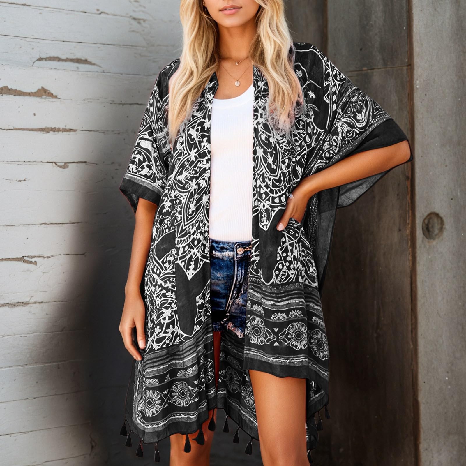 Generisch Veste Cardigan Femme Cardigan Imprimé Floral Léger Été Printemps Décontracté Coupe Ample Pull Ouvert Devant pour Jeans