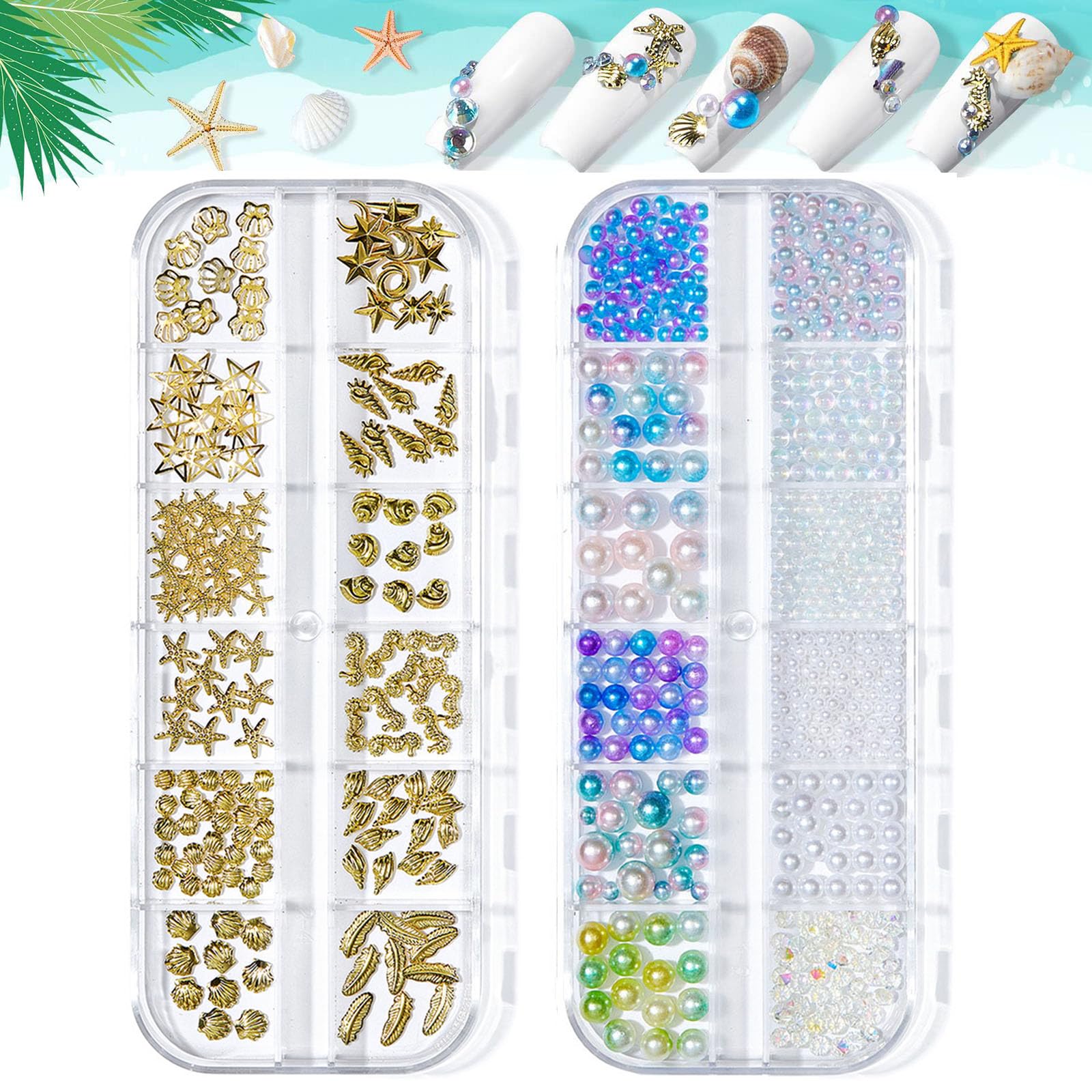 Ocean Themed Nail Charms, 2 Boxes, Shell, Star, Conch, Starfish, Pearl Nail Art Studs & Decorations, Colorful Beads